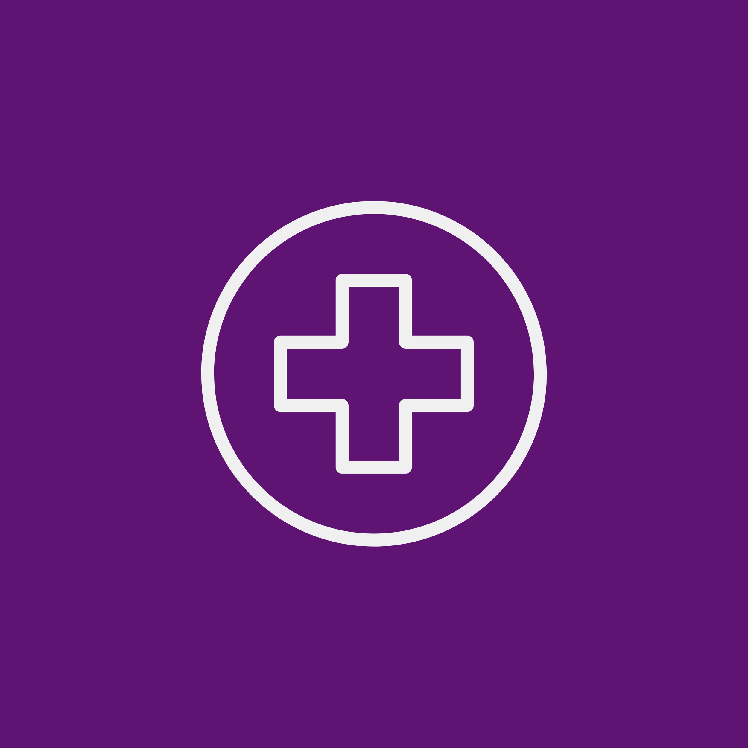 White medical cross inside a white circle on a purple background.