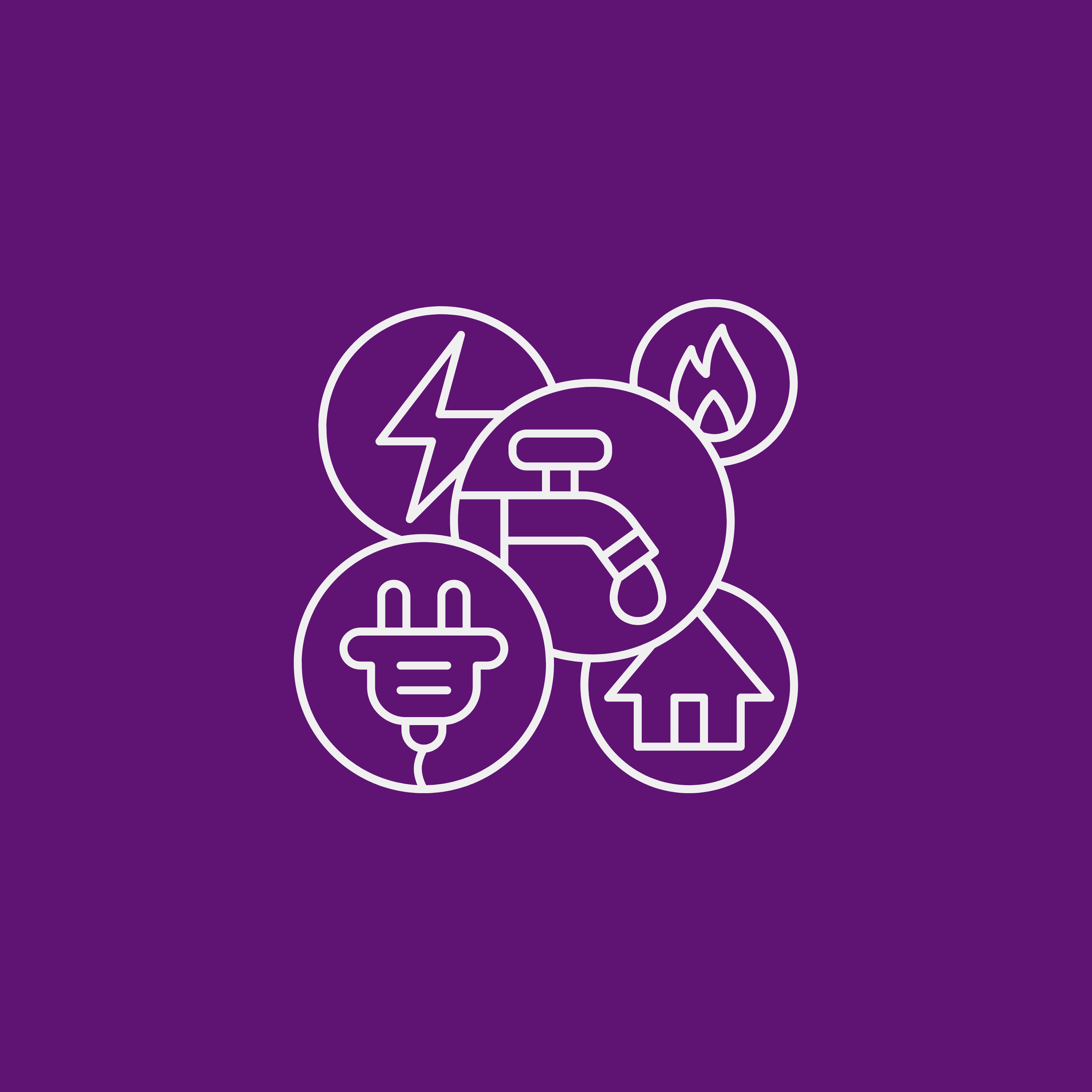 Line art icons representing electricity, fire, water faucet, electrical plug, and house, on a purple background.