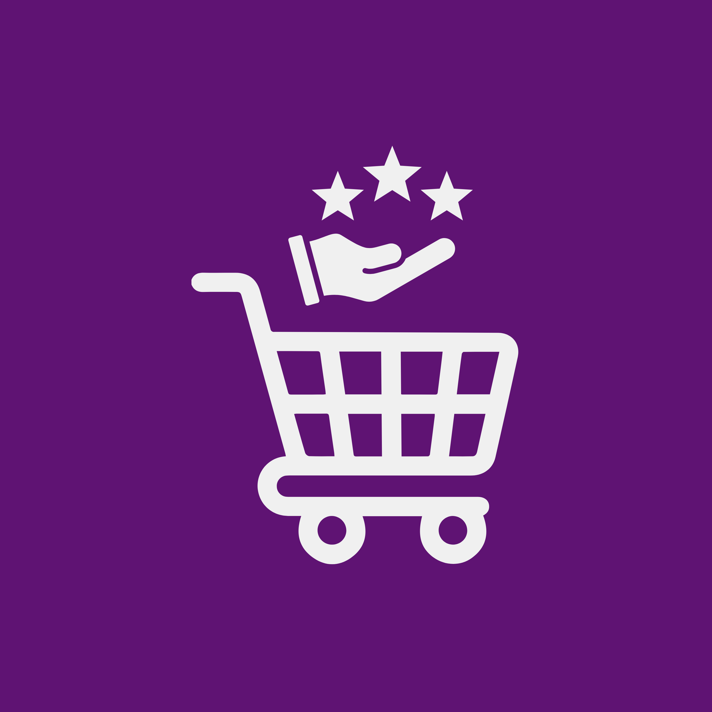 Icon of a shopping cart with a hand inside and three stars above, on a purple background.