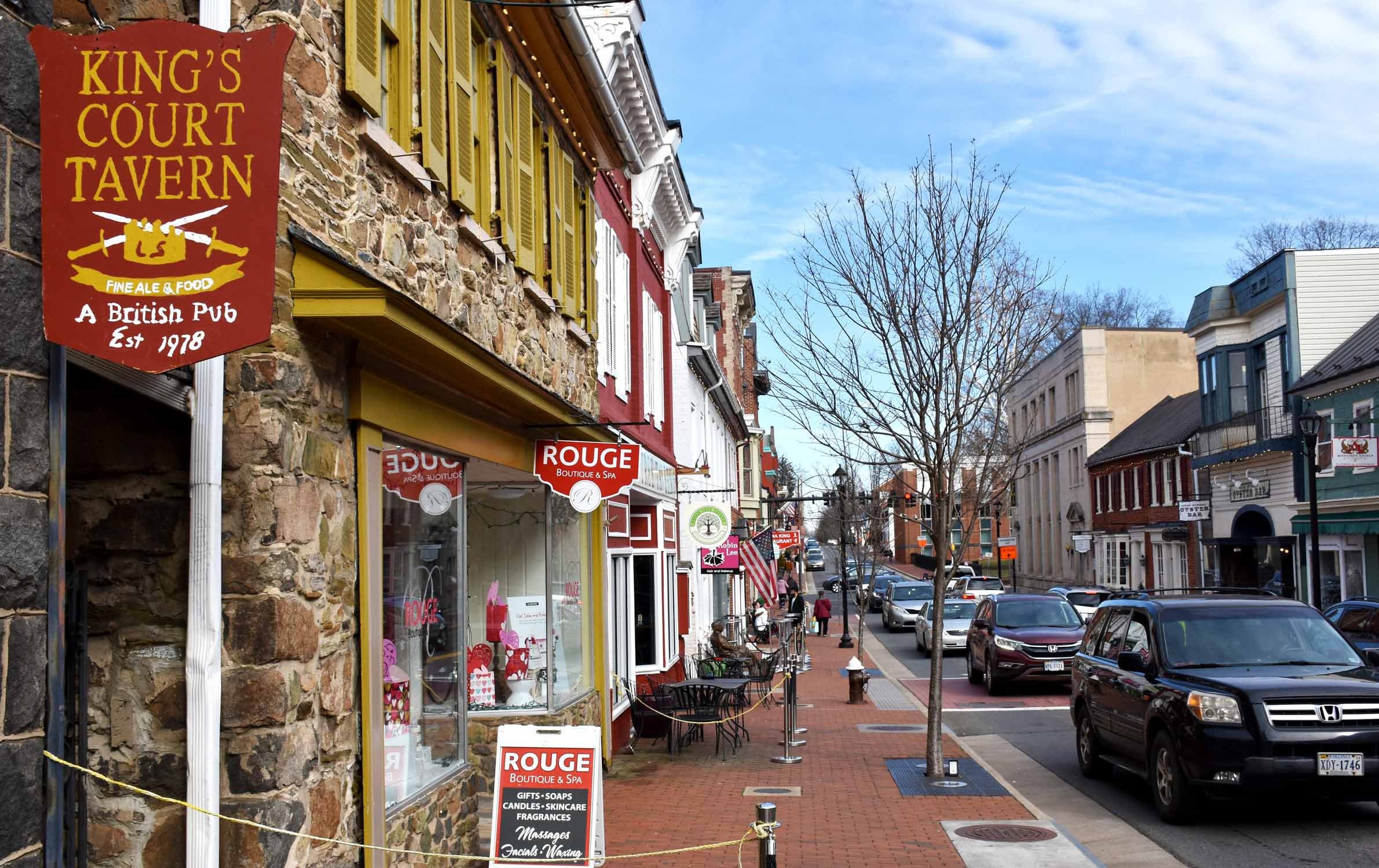 Downtown Leesburg Virginia shops and historic small-town streetscape