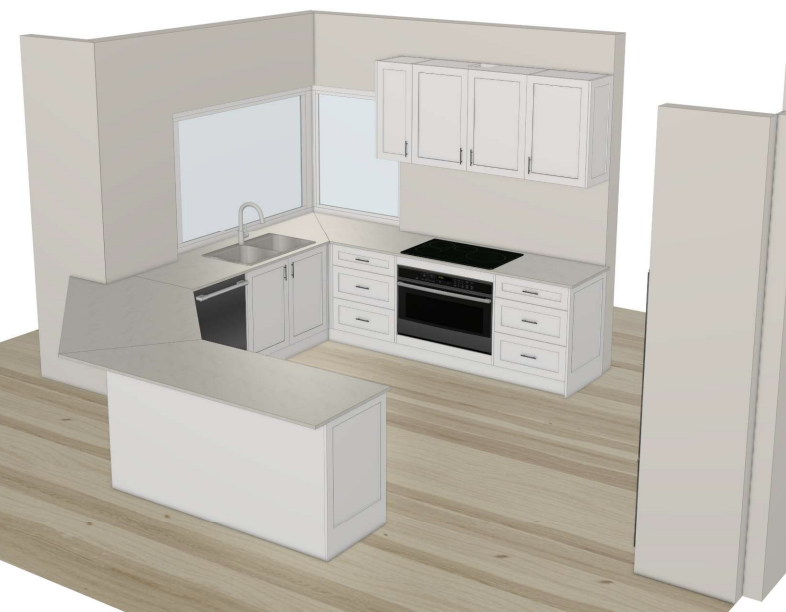 3D rendering of a modern kitchen with white cabinets, a double sink under a window, a black stove and oven, and a light wood floor.