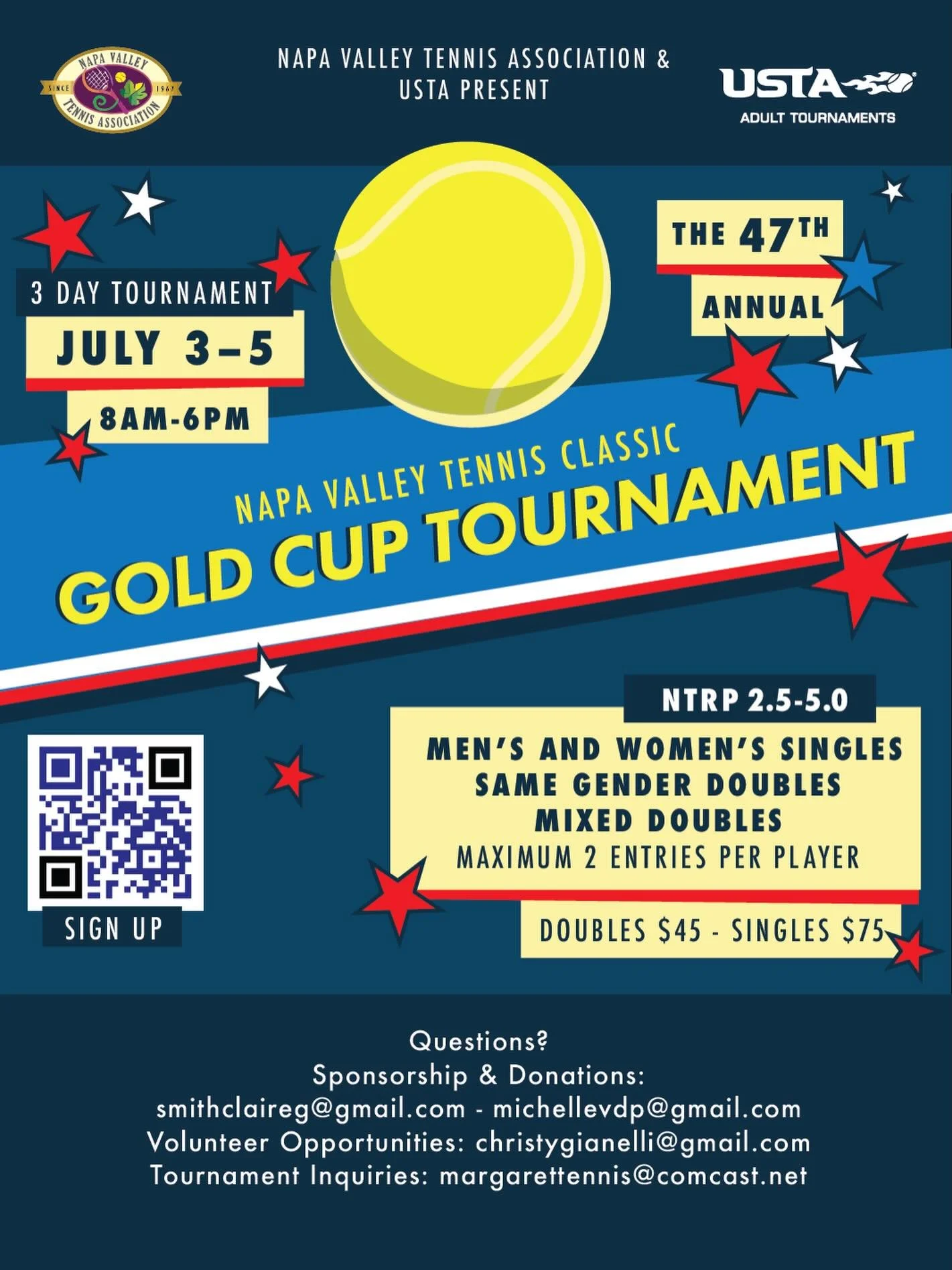 Join us for our upcoming USTA Gold Cup tournament. We are so excited to host our 47th annual Napa Valley Tennis Classic here at Napa Valley Tennis Association and welcome tennis players from all over California and across state lines! The tournament 