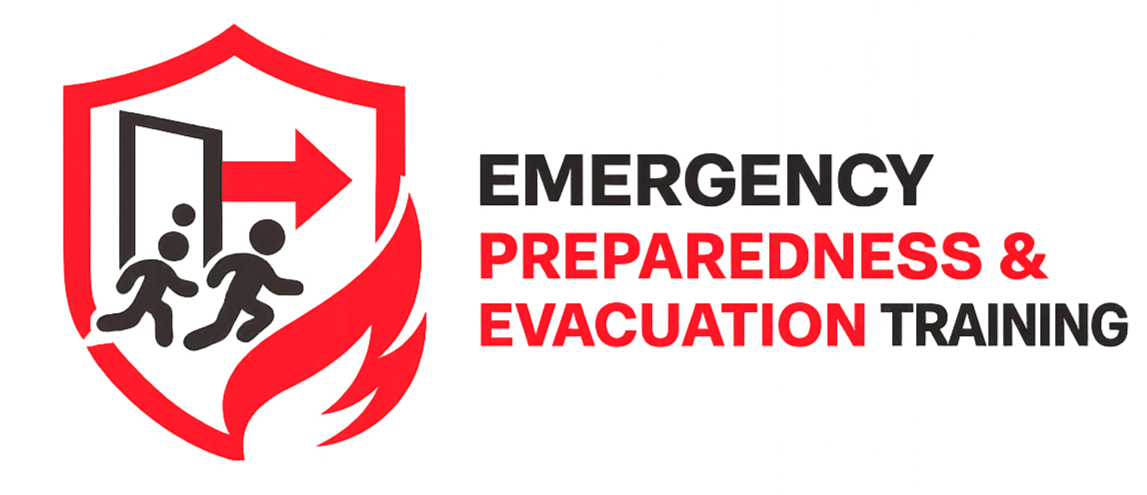 Illustration of a red shield with two running figures and an open door, alongside the text "Emergency Preparedness & Evacuation Training" in black and red.