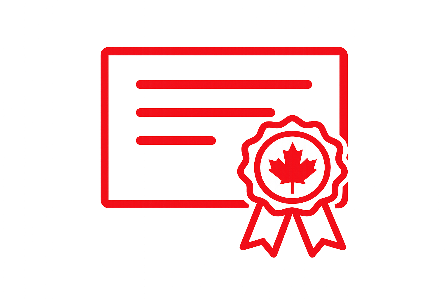A red certificate with a maple leaf emblem and ribbon, representing Canadian certification or achievement.