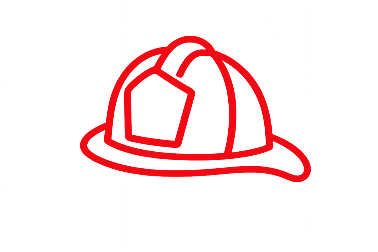Red neon outline of a firefighter's helmet with a badge on the front.