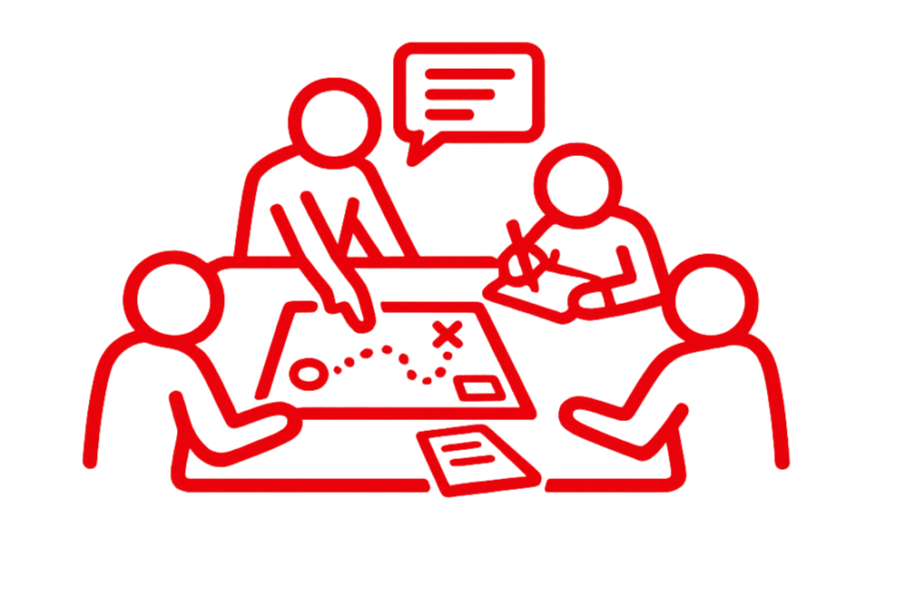Outline drawing of five people sitting around a conference table during a meeting. One person is standing and speaking with a speech bubble above. The table has a laptop and cups on it. A large screen or board is in the background.