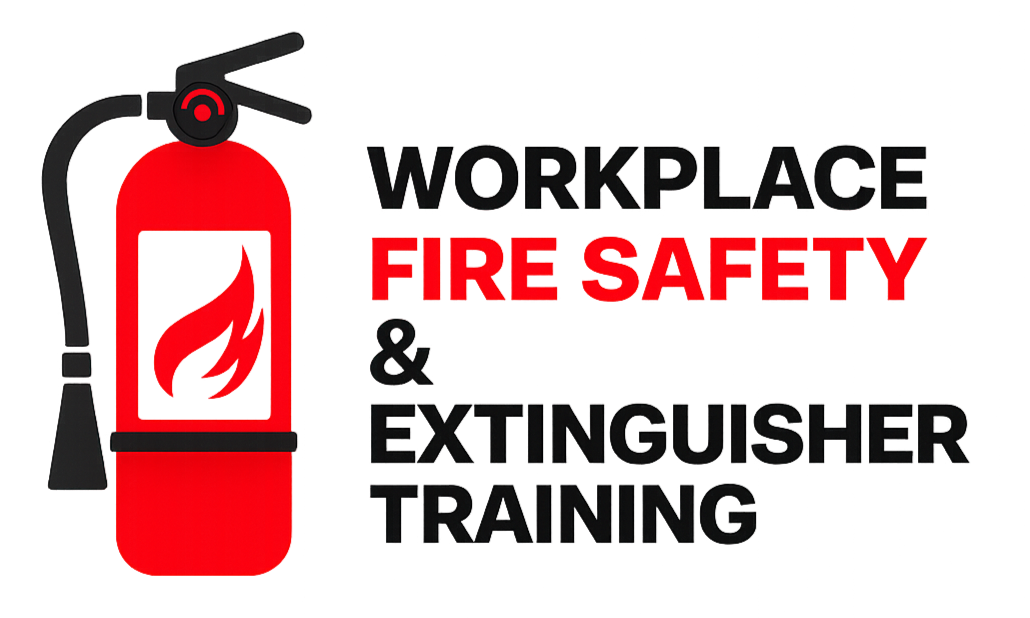 Fire extinguisher with a flame symbol and text that reads 'Workplace Fire Safety & Extinguisher Training' in black and red.