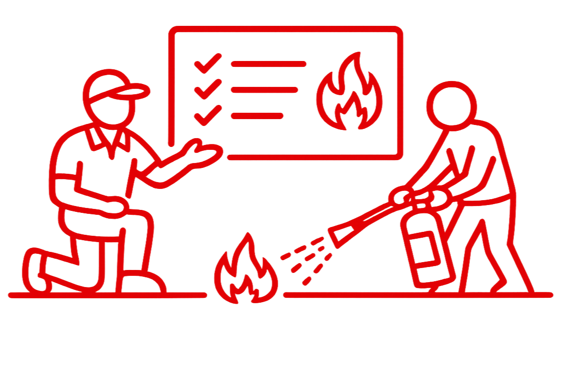 Neon outline of two people discussing fire safety, with a fire extinguisher and flames depicted in the background.