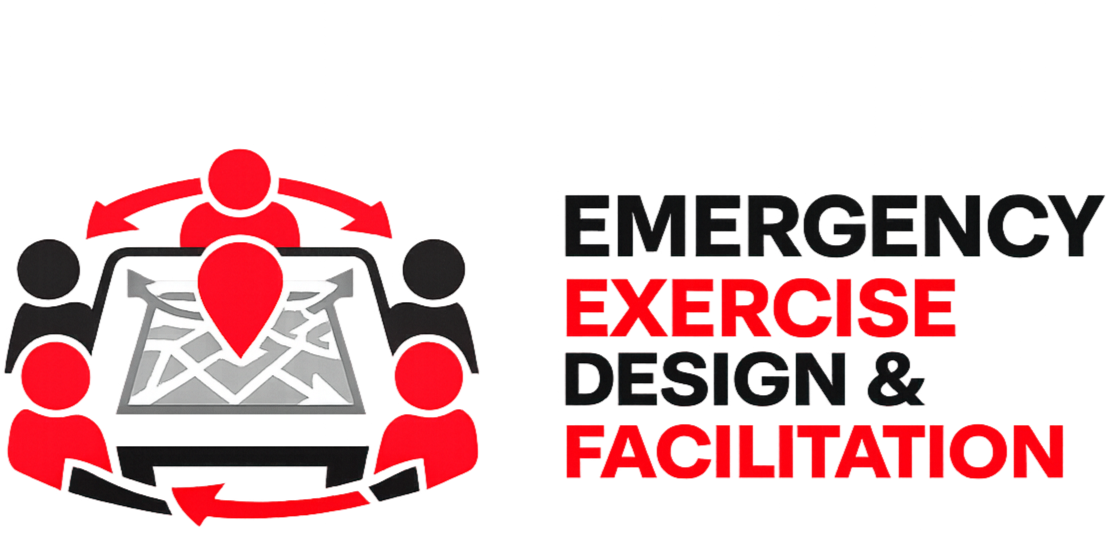 Graphic of five people surrounding a computer monitor with a map and location pin, accompanied by the text 'Emergency Exercise Design & Facilitation' in black and red.