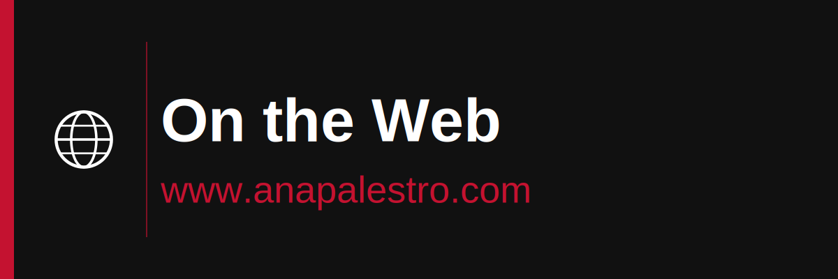 Text indicating 'On the Web' with the website URL www.anapalestro.com and a globe icon, on a black background with red and white text.