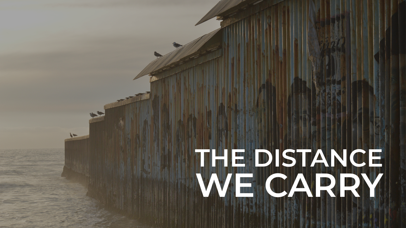A rusted metal pier extending into the ocean with seagulls perched on top and nearby. The sky is overcast with a calm sea in the background. Overlaid text reads 'The Distance We Carry'.