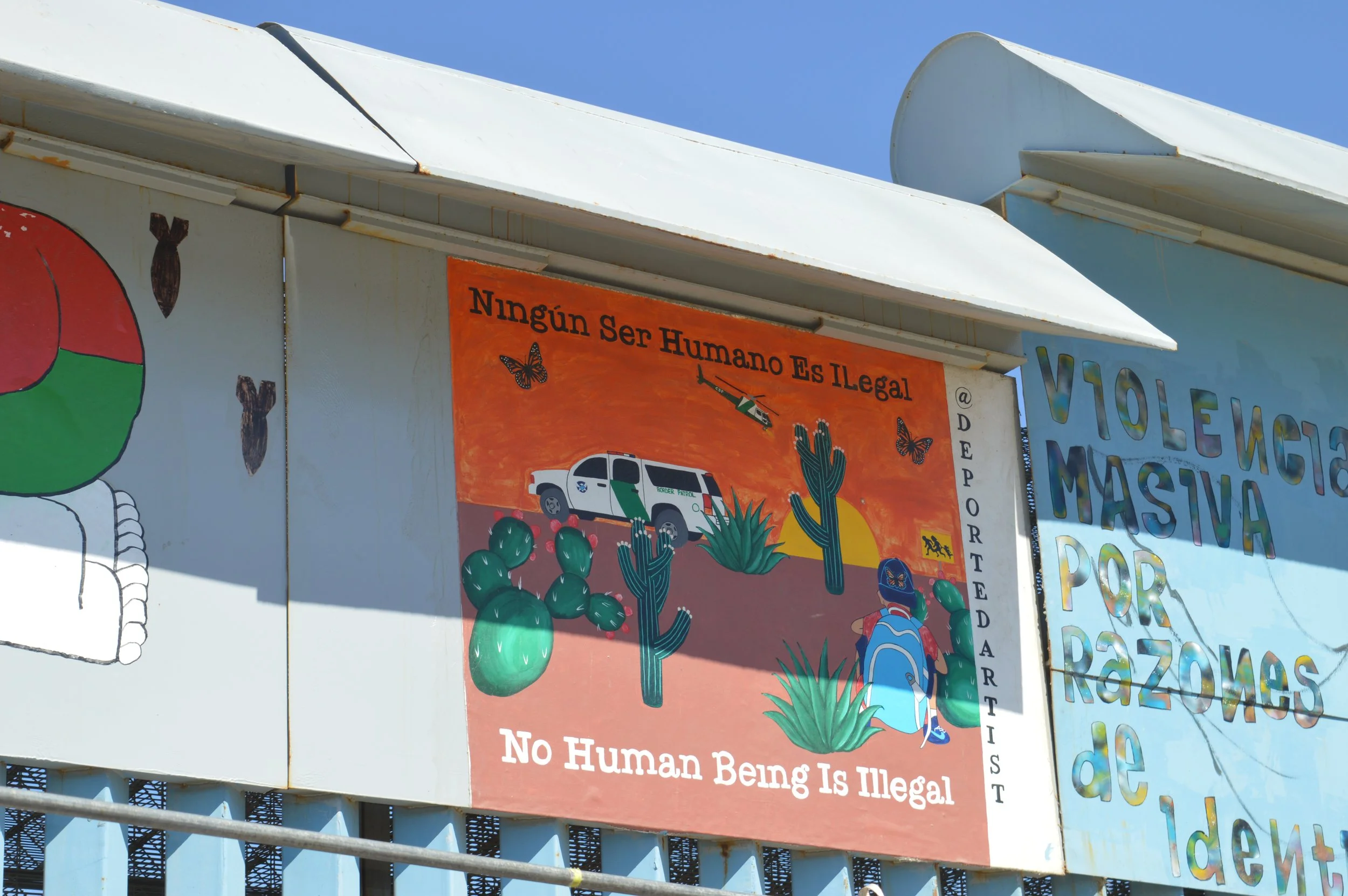 One of Salazar's murals, which reads "Ningún Ser Humano Es Ilegal" ("No Human Being Is Illegal"), is painted on the Mexican side of the border wall at Friendship Park. It depicts his journey across the U.S.–Mexico border at age 11.