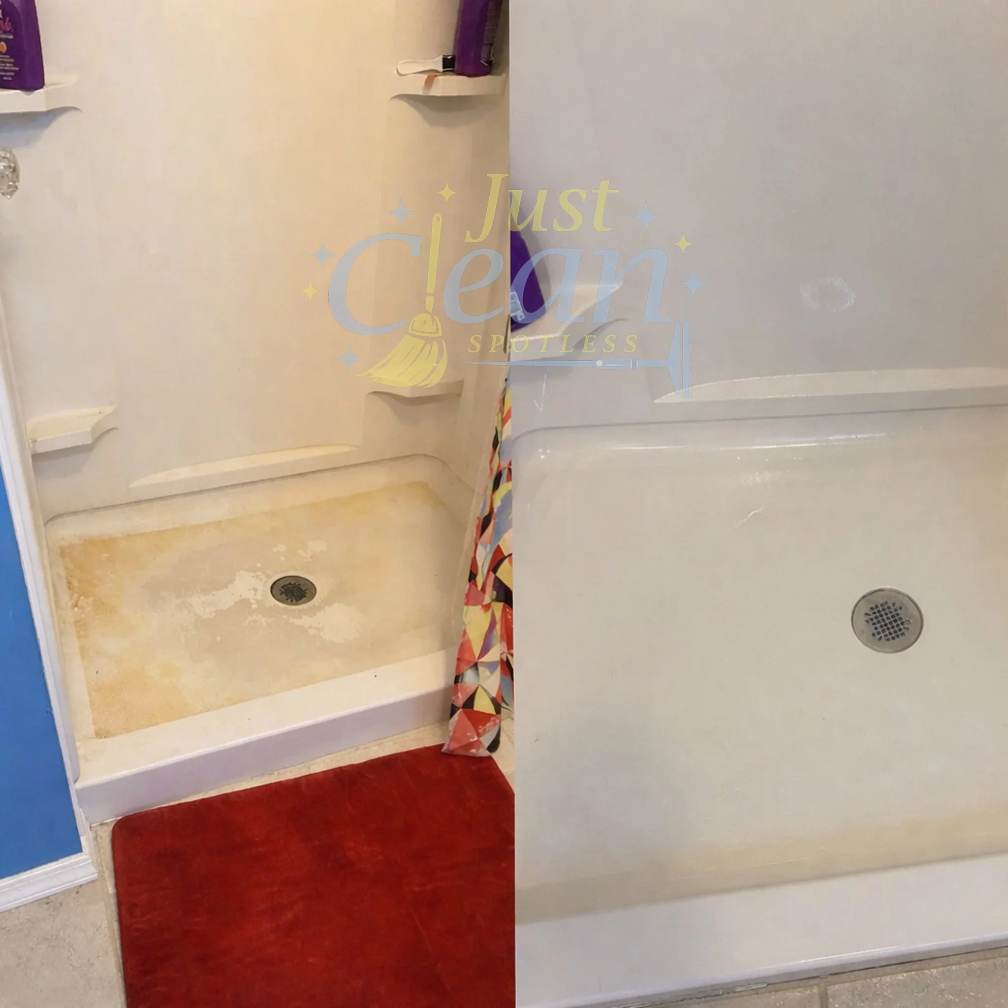 A dividing wall with two different colored sections, blue on the left and white on the right, with a strip of patterned fabric hanging from the top. On the floor are pebbles and a drain.