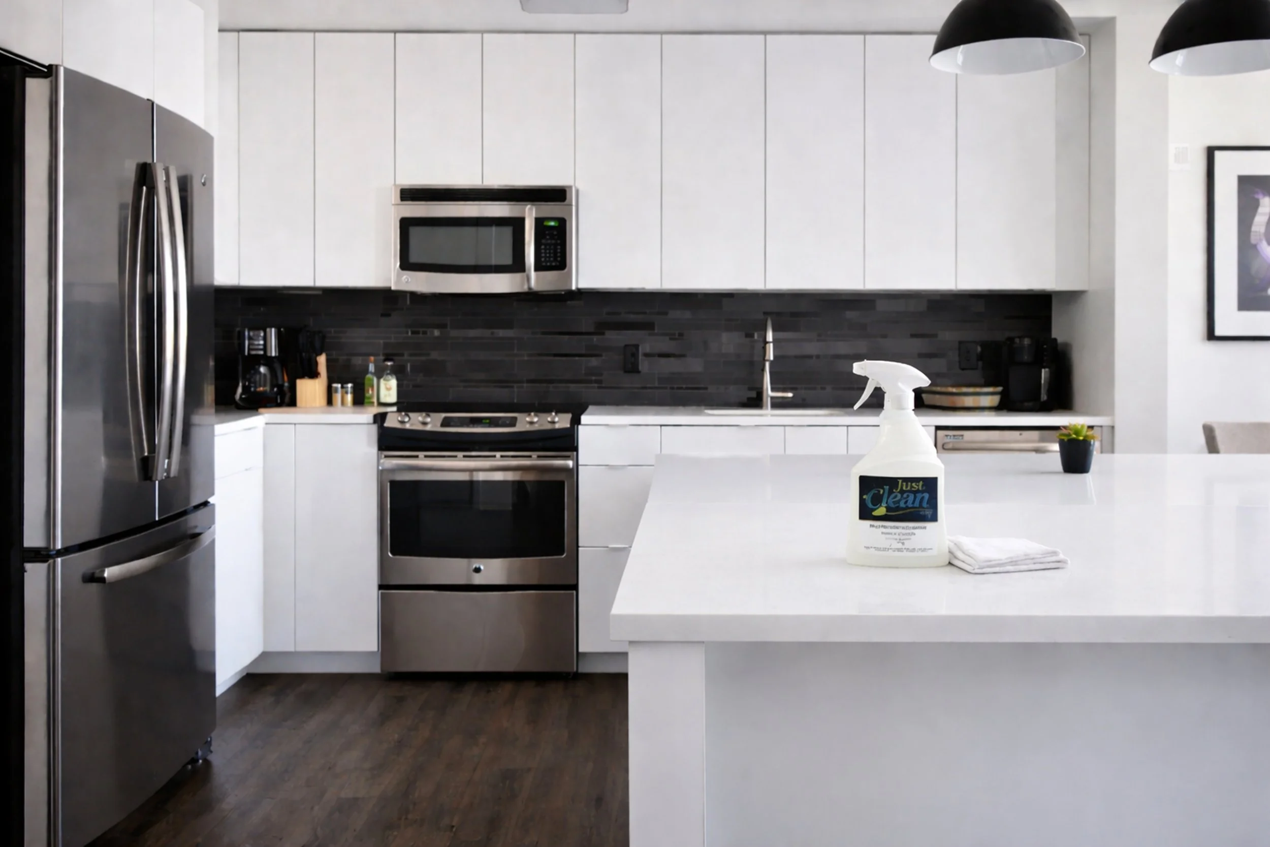 Modern kitchen with white cabinets, stainless steel appliances, black backsplash, and a white countertop. Items include a spray bottle, folded towels, small plant, and kitchen tools.