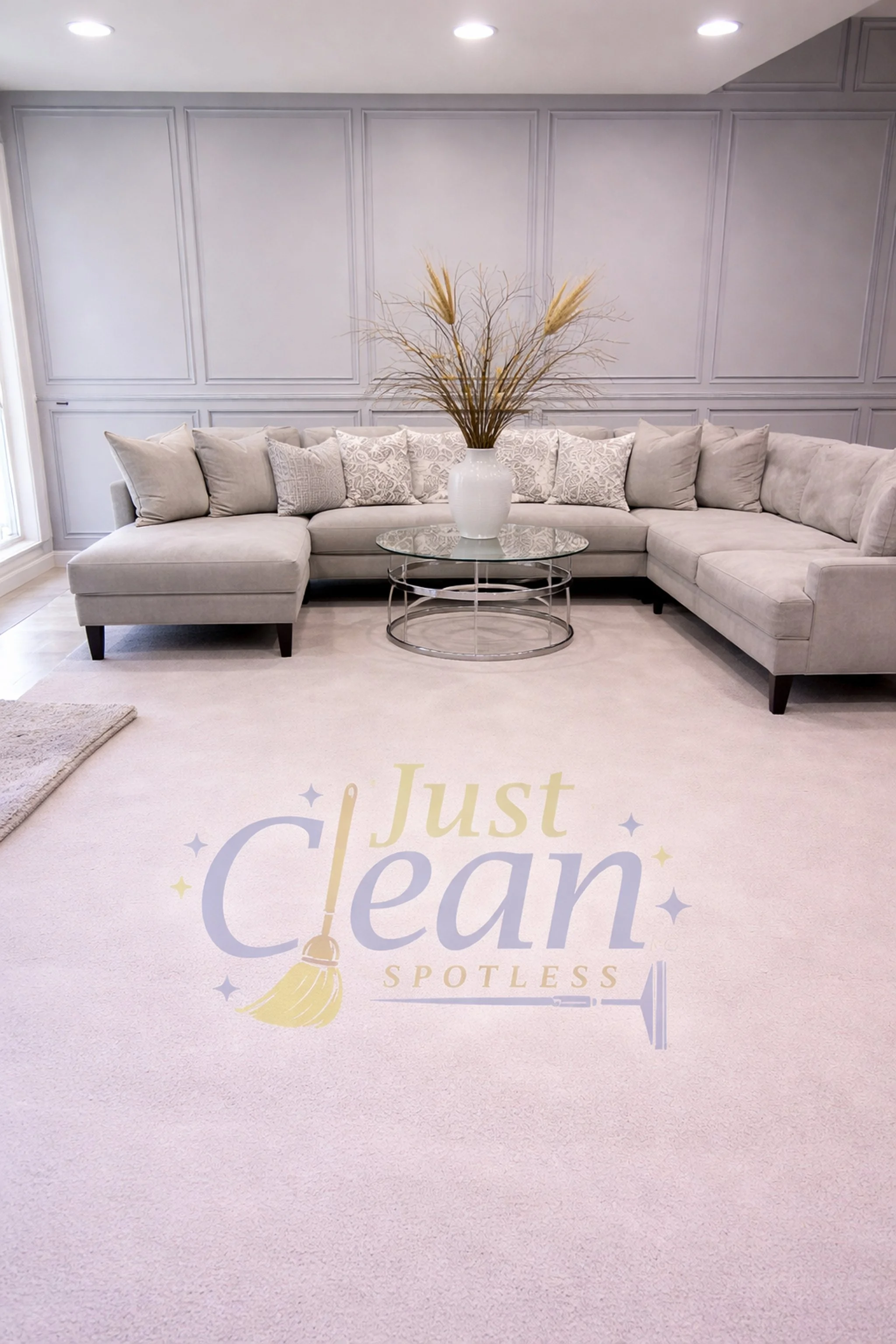 Living room with light gray wall paneling, beige sectional sofa with decorative pillows, glass coffee table with white vase and dried floral arrangement, ceiling recessed lighting, and a light-colored carpet with a cleaning service logo.
