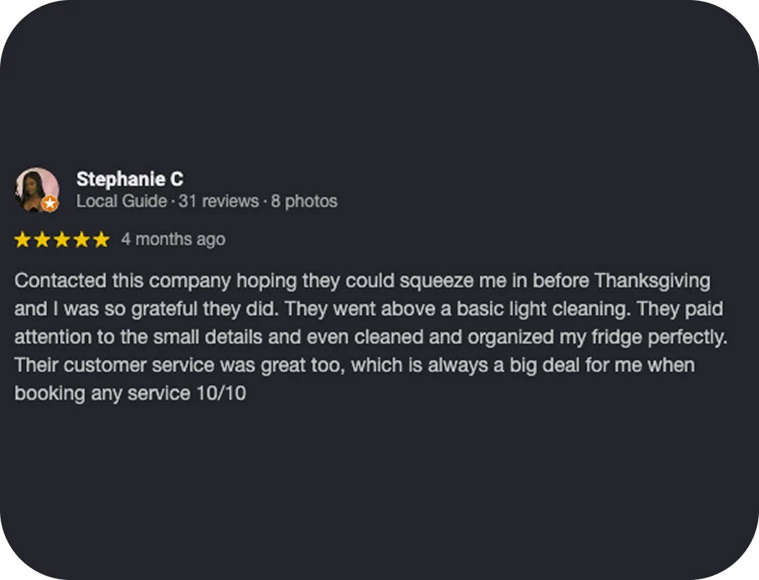 Screenshot of a positive customer review for a cleaning service by Stephanie C, a local guide with 31 reviews, 8 photos, and a 5-star rating.