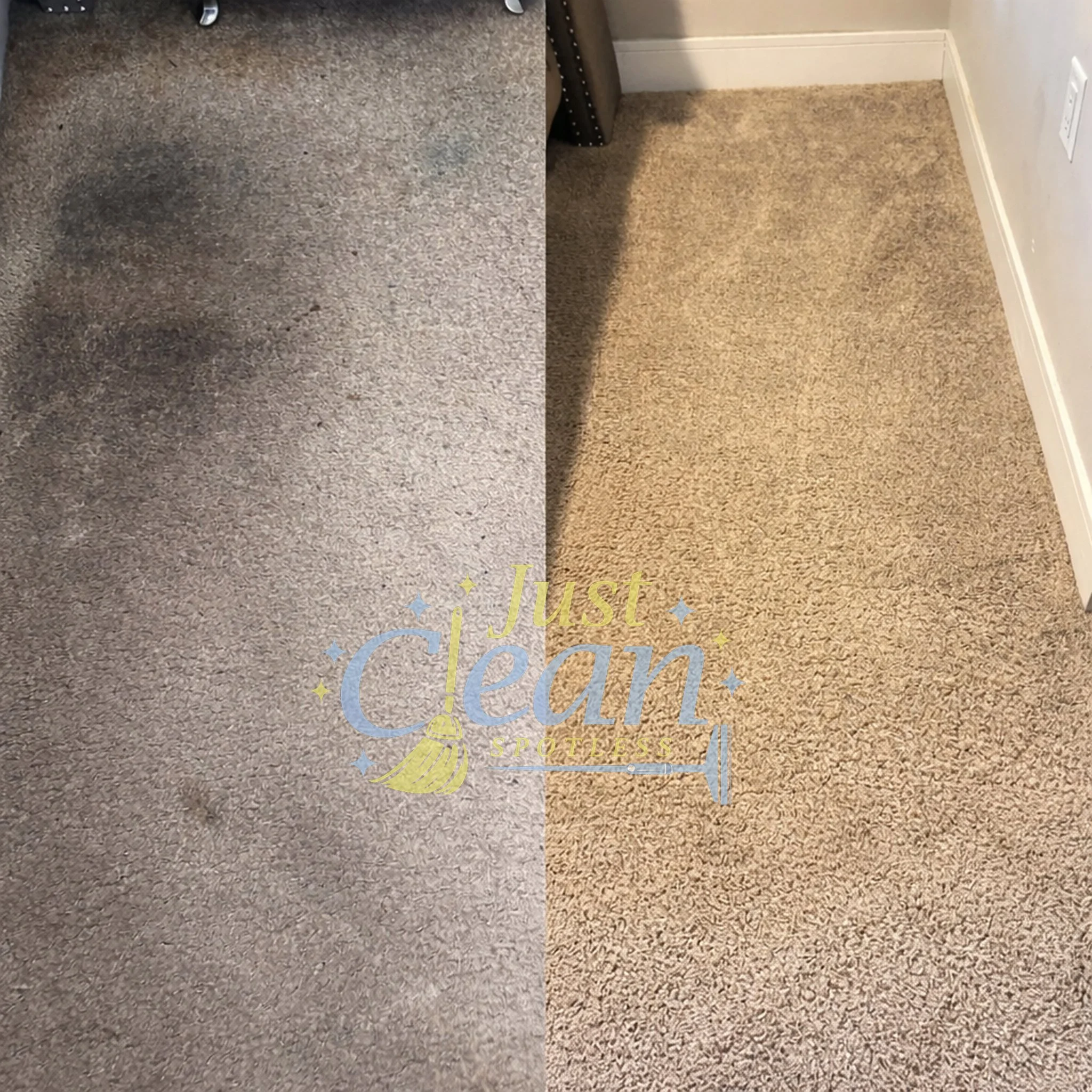Comparison of two carpets, one dirty and stained on the left, and one clean and well-maintained on the right.