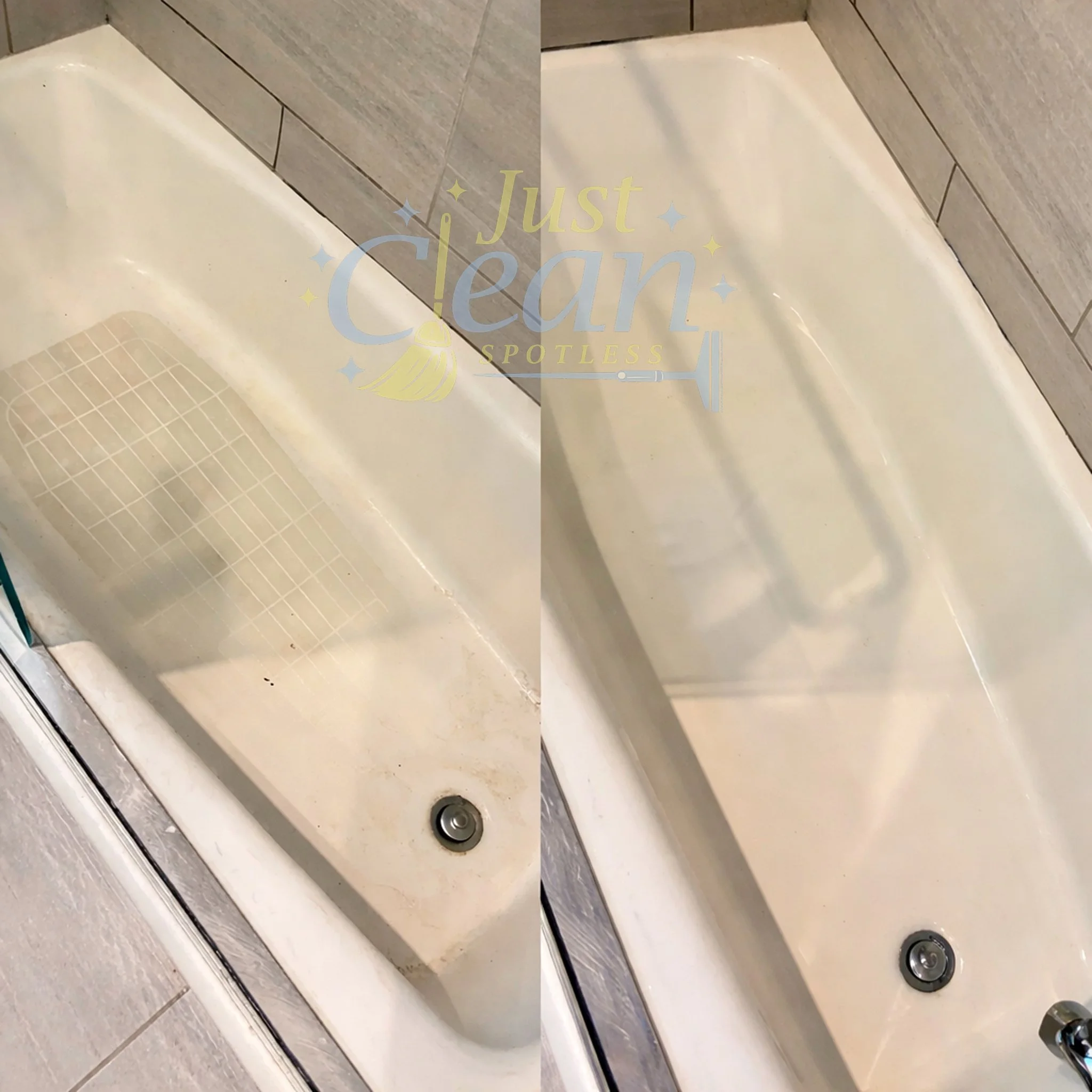 Side-by-side photos of a clean white bathtub with tile walls. The left photo shows dirt marks or soap residue at the corner, while the right photo shows the same area after cleaning. Water droplets and a drain are visible in both images.