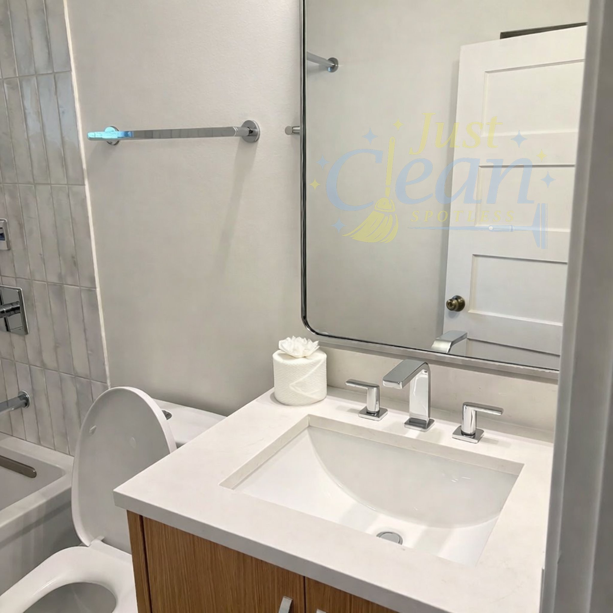 Bathroom sink with a white countertop, a wood cabinet below, and built-in faucet. Behind the sink is a large mirror with a partial glass panel and a decorative wrap-around sticker that says "Just Clean" with sparkles. There is a white toilet paper roll on the counter.