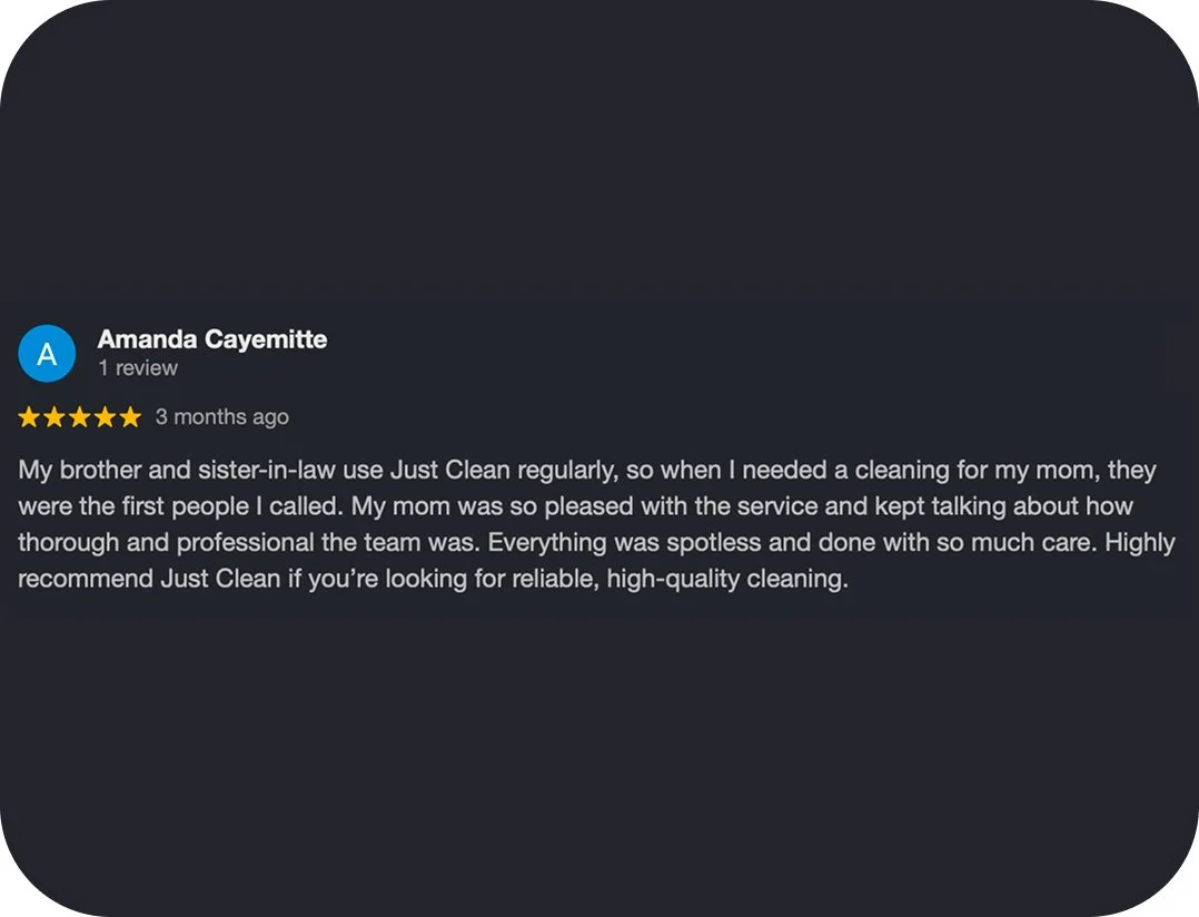 Screenshot of a Google review for Just Clean cleaning service, highlighting a five-star rating and a positive testimonial.
