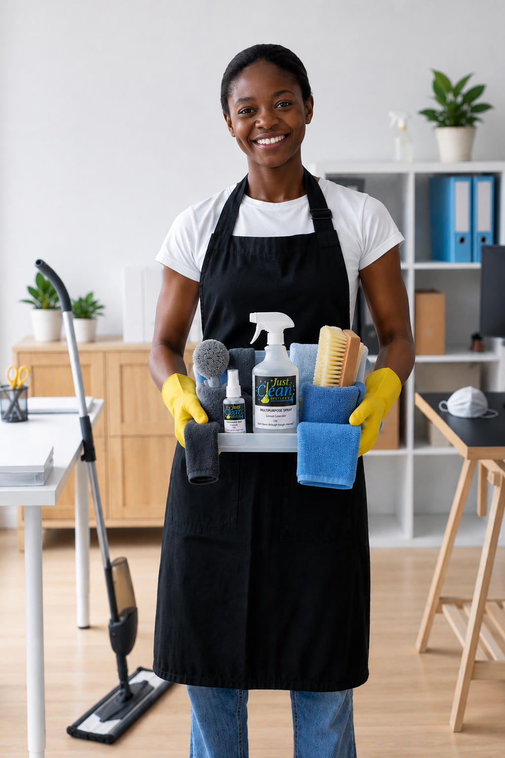 A woman wearing a black apron and yellow gloves holding cleaning supplies and towels, smiling in a well-lit room with cleaning tools and furniture.