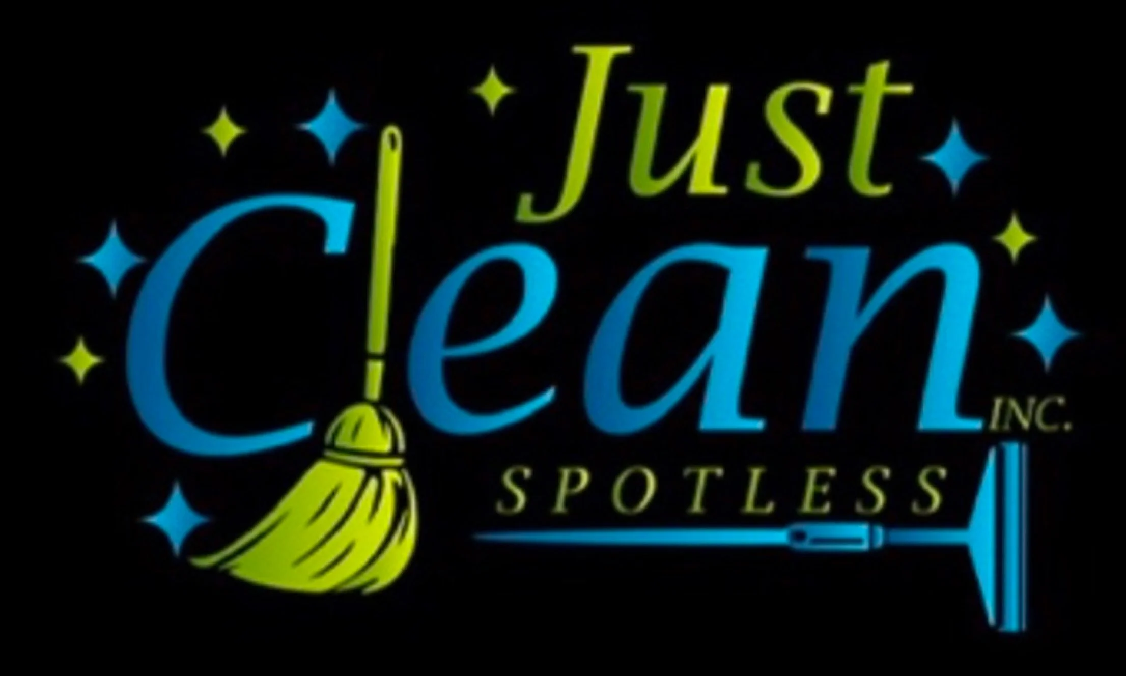 Neon sign reading 'Just Clean' with a cleaning brush illustration and stars.