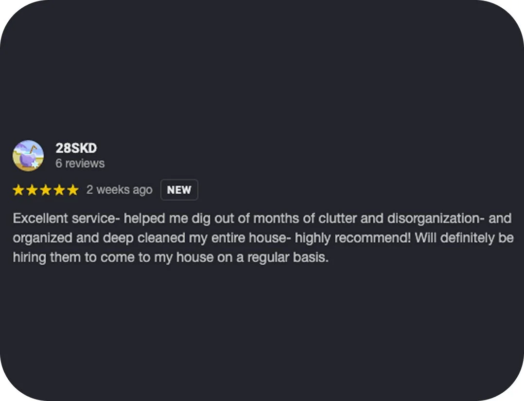 Screenshot of a customer review for a cleaning service, praising the company's professionalism and quality of work.