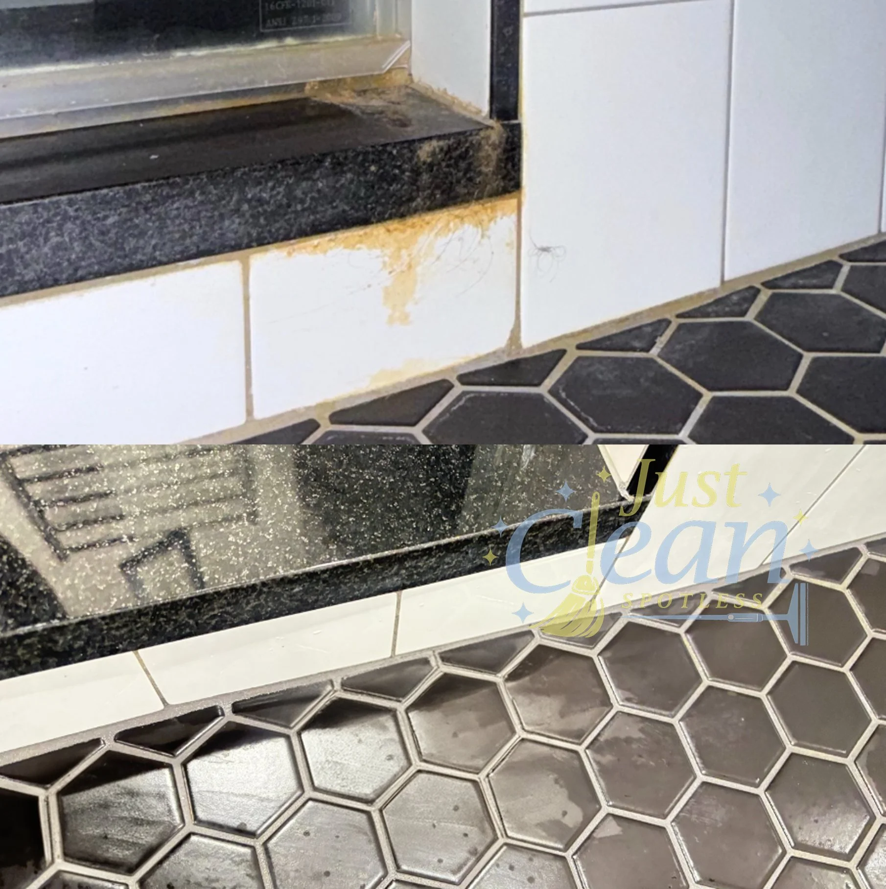 Close-up of kitchen floor tiles with black hexagonal pattern and white grout. Part of kitchen cabinets and a black granite countertop with a black metal strip are visible, showing signs of dirt and grime buildup.