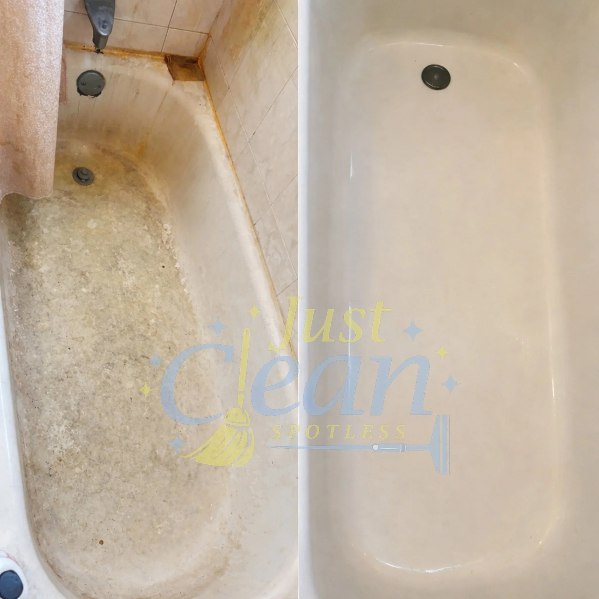 Comparison of a dirty, stained bathtub on the left and a clean, spotless bathtub on the right.