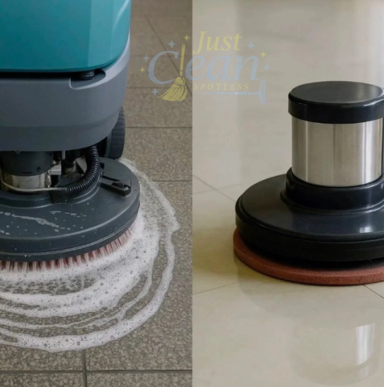 Split image showing a carpet cleaning machine on the left with foam and soap suds, and a vacuum or trash can on the right on a wooden floor.