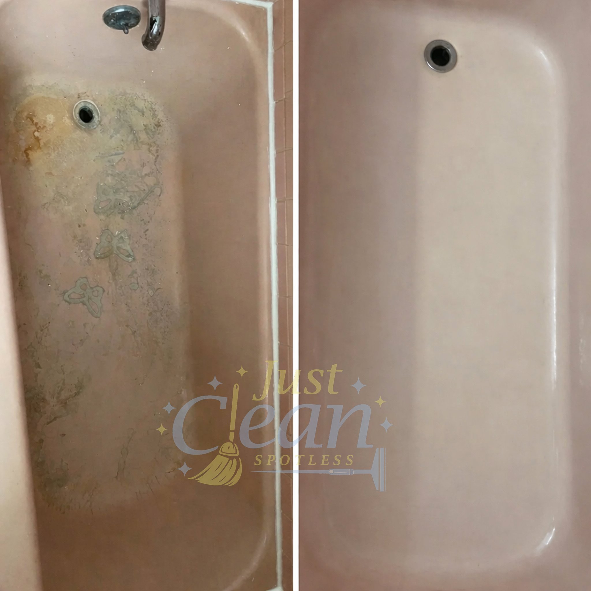 A split image showing a bathroom sink before and after cleaning. The left side shows a dirty, stained sink with grime and discoloration, while the right side shows a clean sink with a smooth, shiny surface. Text overlay on the image reads 'Just Clean