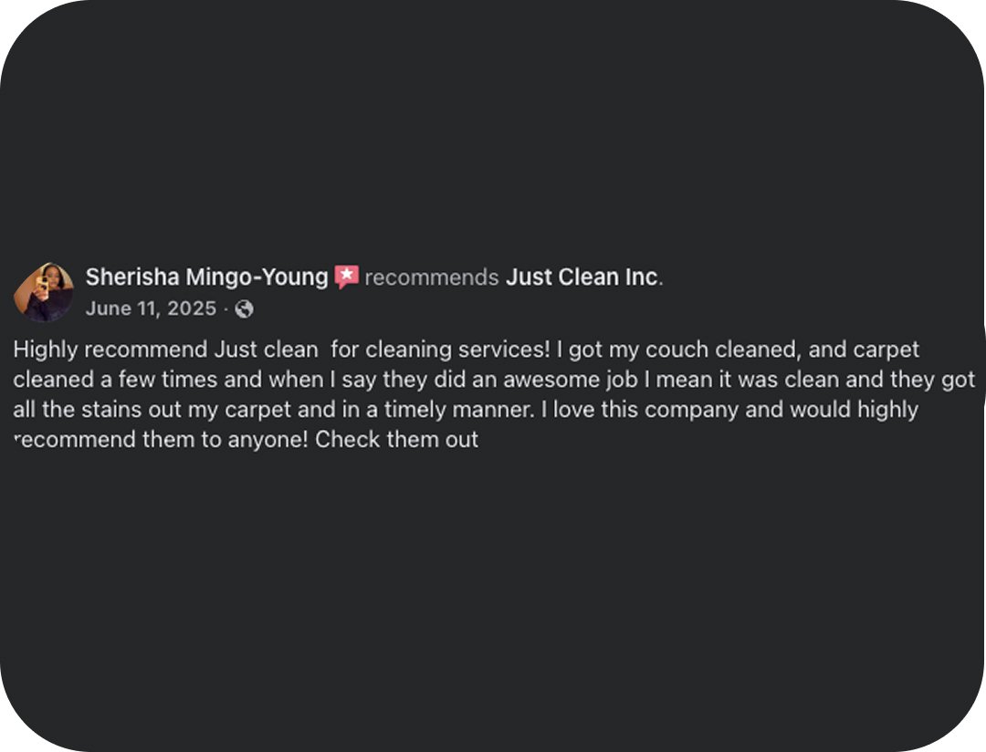 Screenshot of a Facebook recommendation for Just Clean Inc. from Sherisha Mingo-Young dated June 11, 2025, praising their cleaning services for cleaning a couch and carpet.