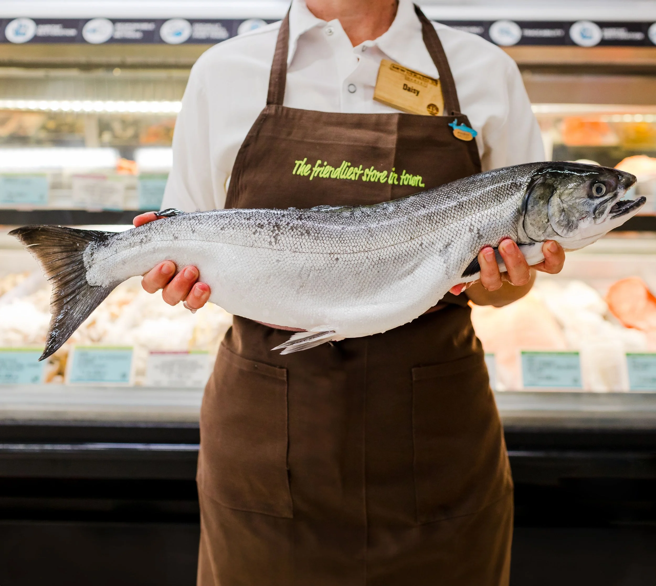 Person holding a large fish at a seafood section in a grocery store.