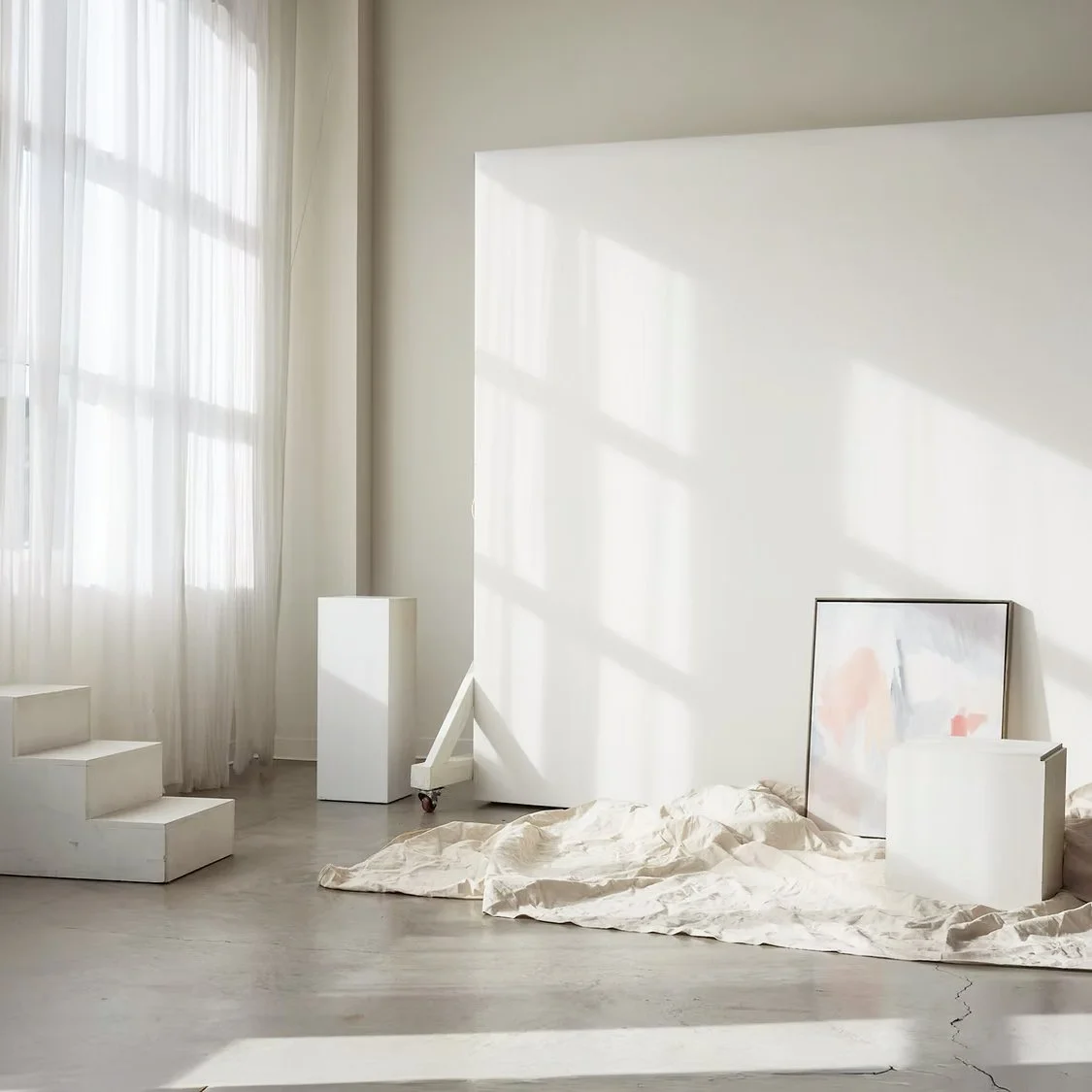 Sunlight streaming through sheer curtains into a minimalistic white room with a crumpled white sheet on the floor, a framed abstract artwork leaning against the wall, and white blocks and a pedestal around the space.