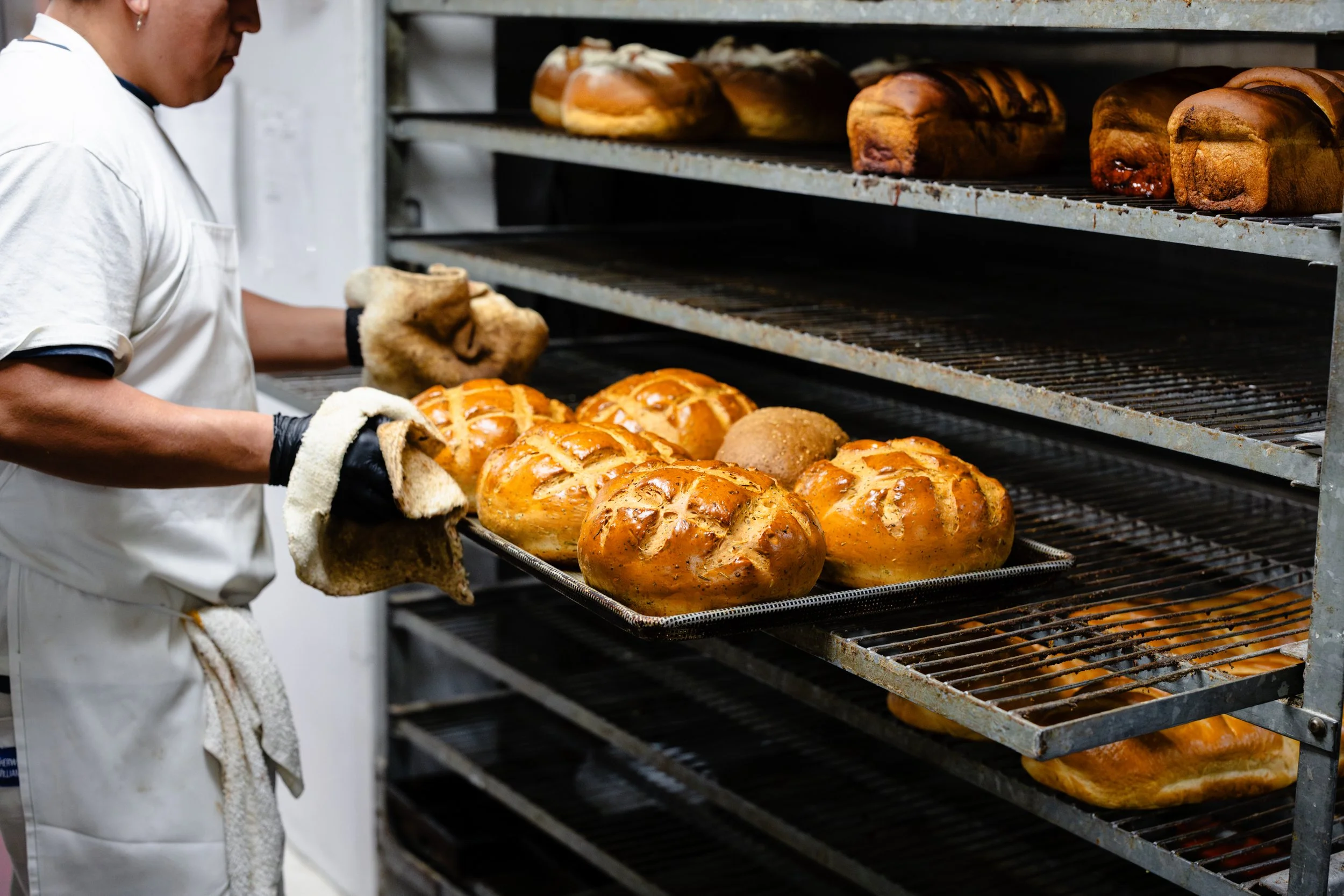 A baker removes freshly baked bread from an industrial oven with a tray of round, golden loaves in the foreground.