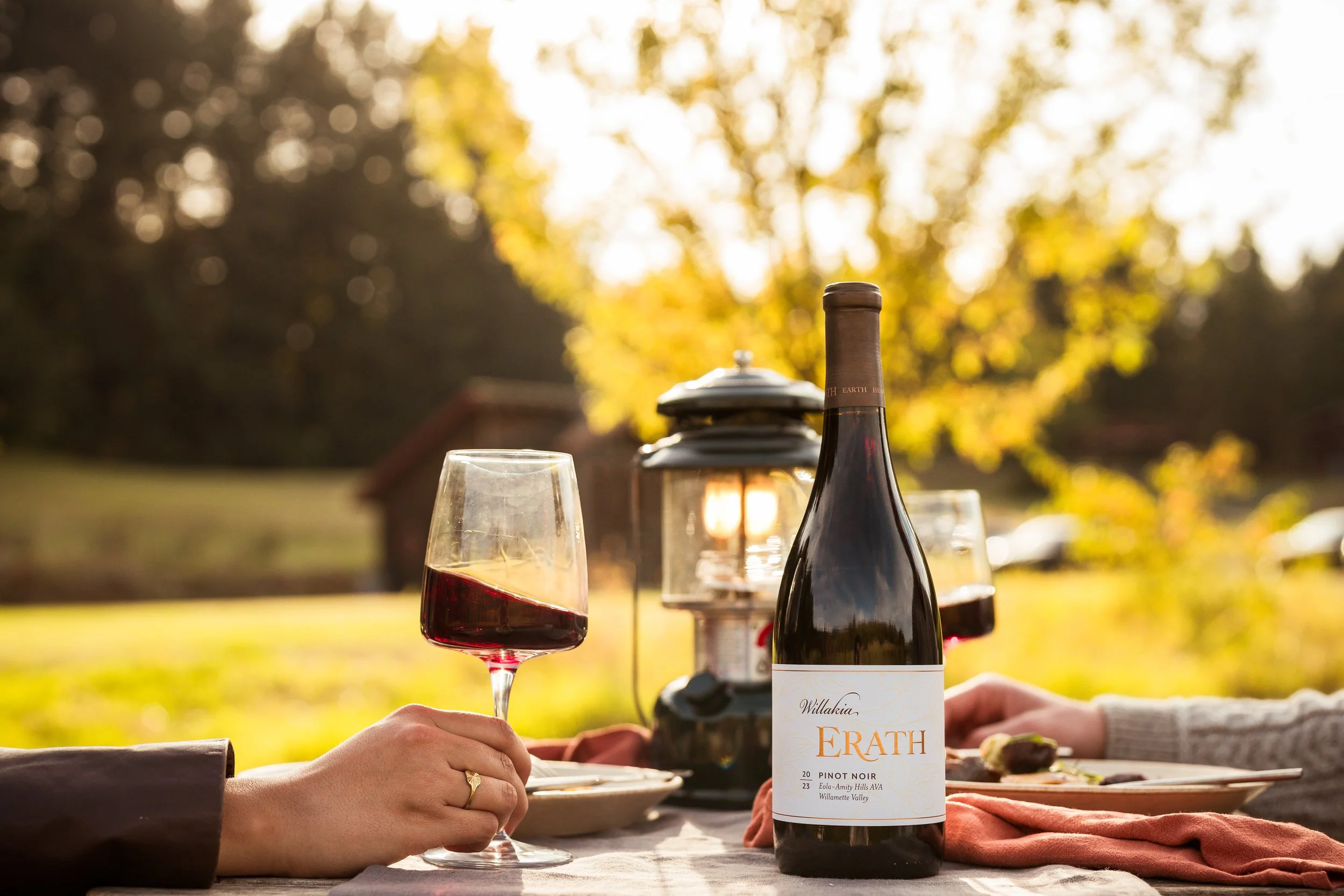 A person holding a glass of red wine at an outdoor picnic table with a bottle of Erath Pinot Noir, a lantern, and two plates of food in a scenic park during sunset.