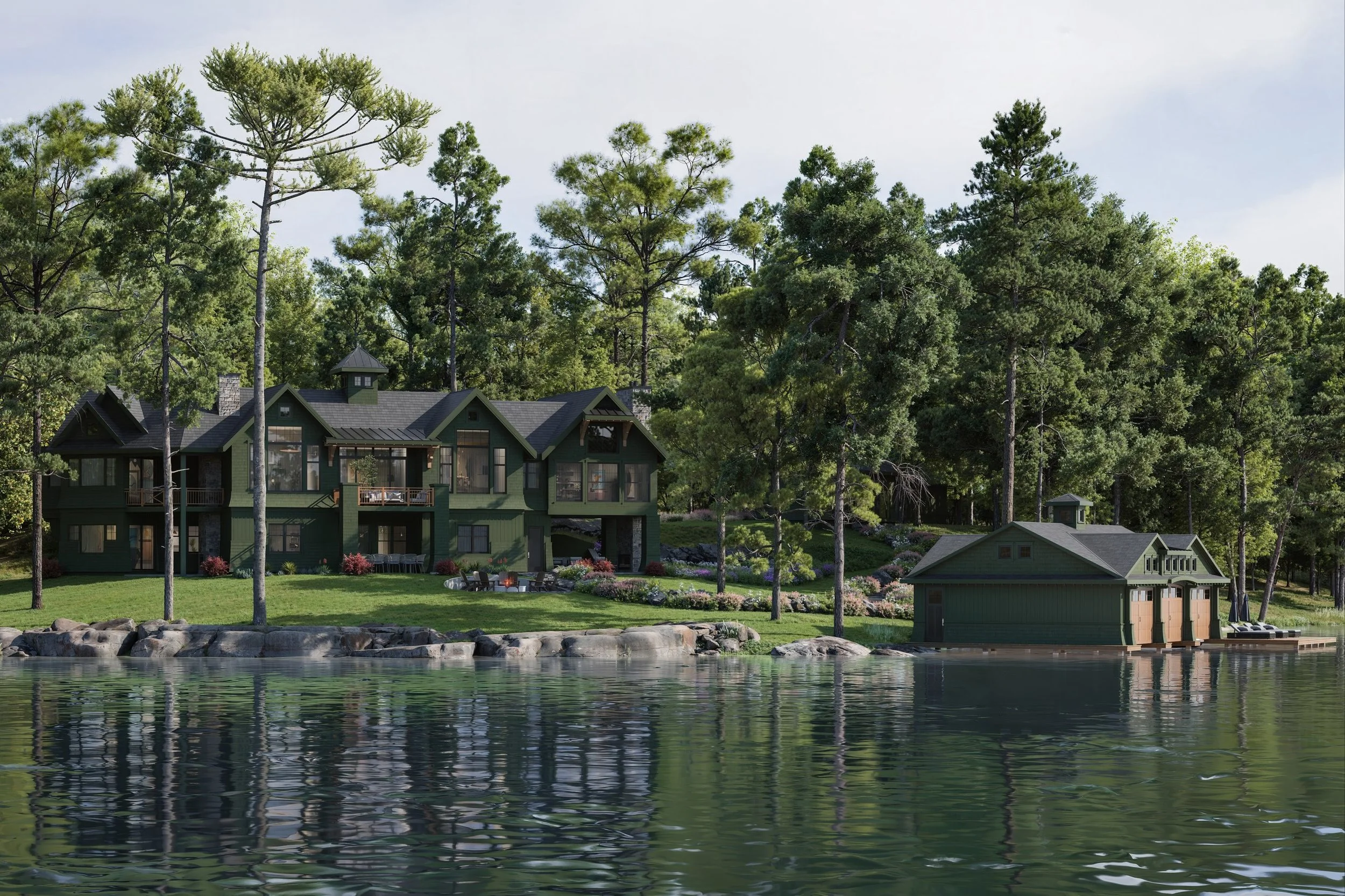 A legacy Muskoka estate rooted in traditional cottage design is taking shape on Lake of Bays.⁠
⁠
Encompassing a main cottage, boathouse, guest house and garage, all dressed in dark green cedar shake, this project will be one of our most ambitious bui