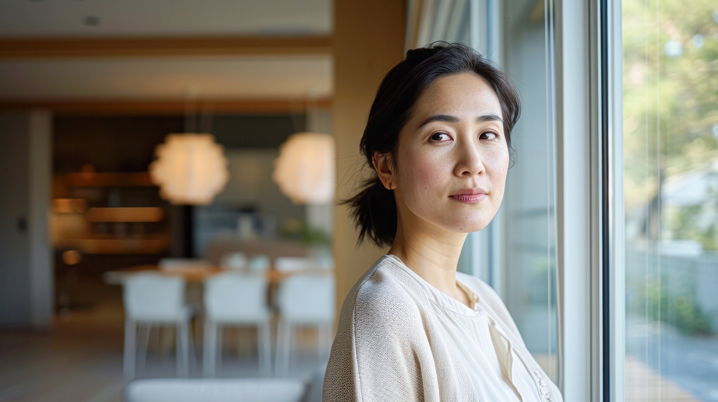 Single mother standing at window of calm room, looking backwards peacefully into the house.