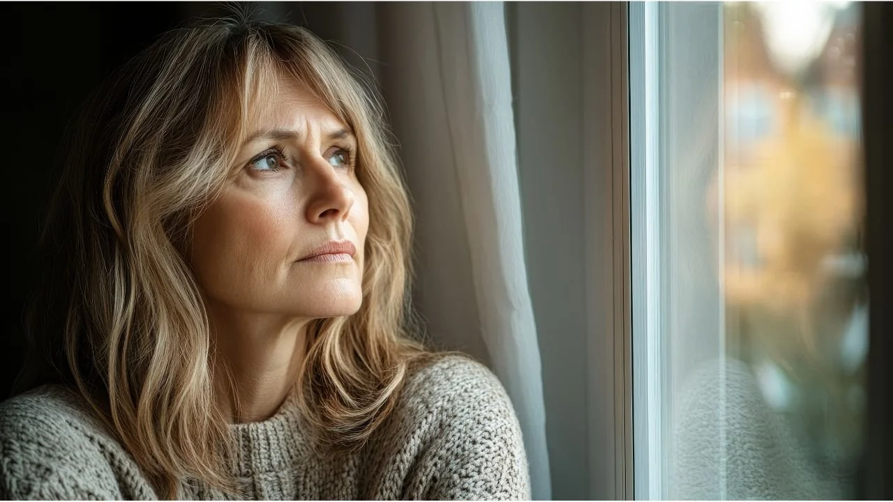 Thoughtful single mother looking out a window in a quiet home setting.