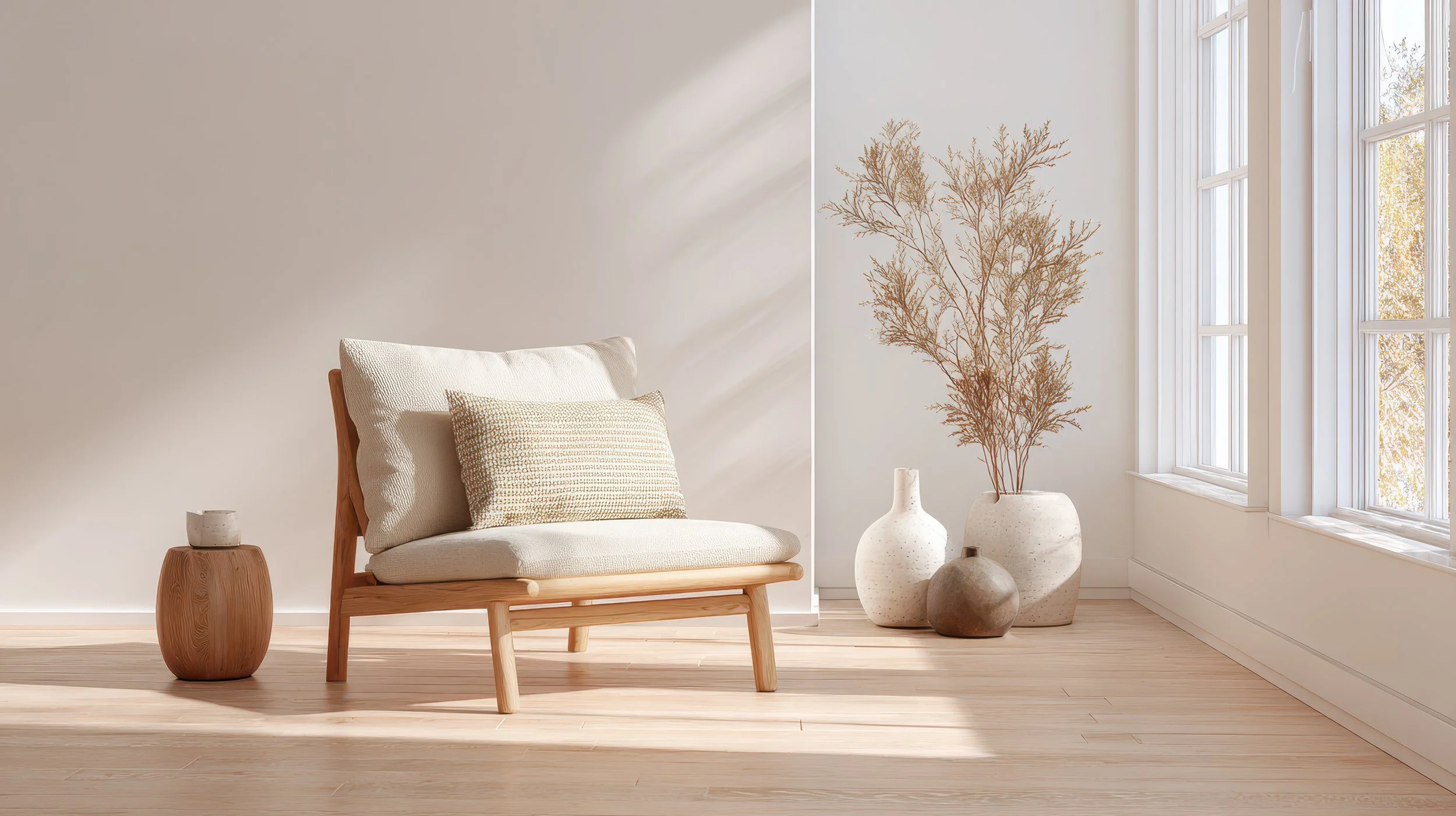 Calm, minimal living space with soft light and neutral tones.