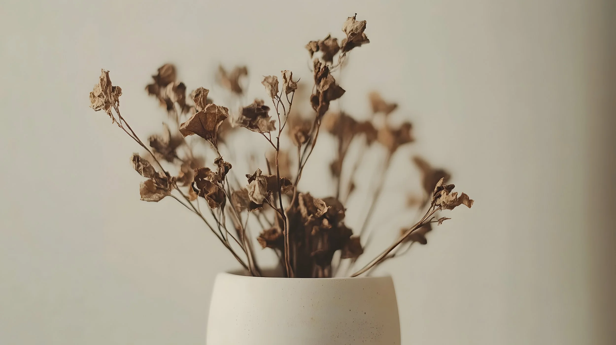 Cream stone vase holding dried flowers.