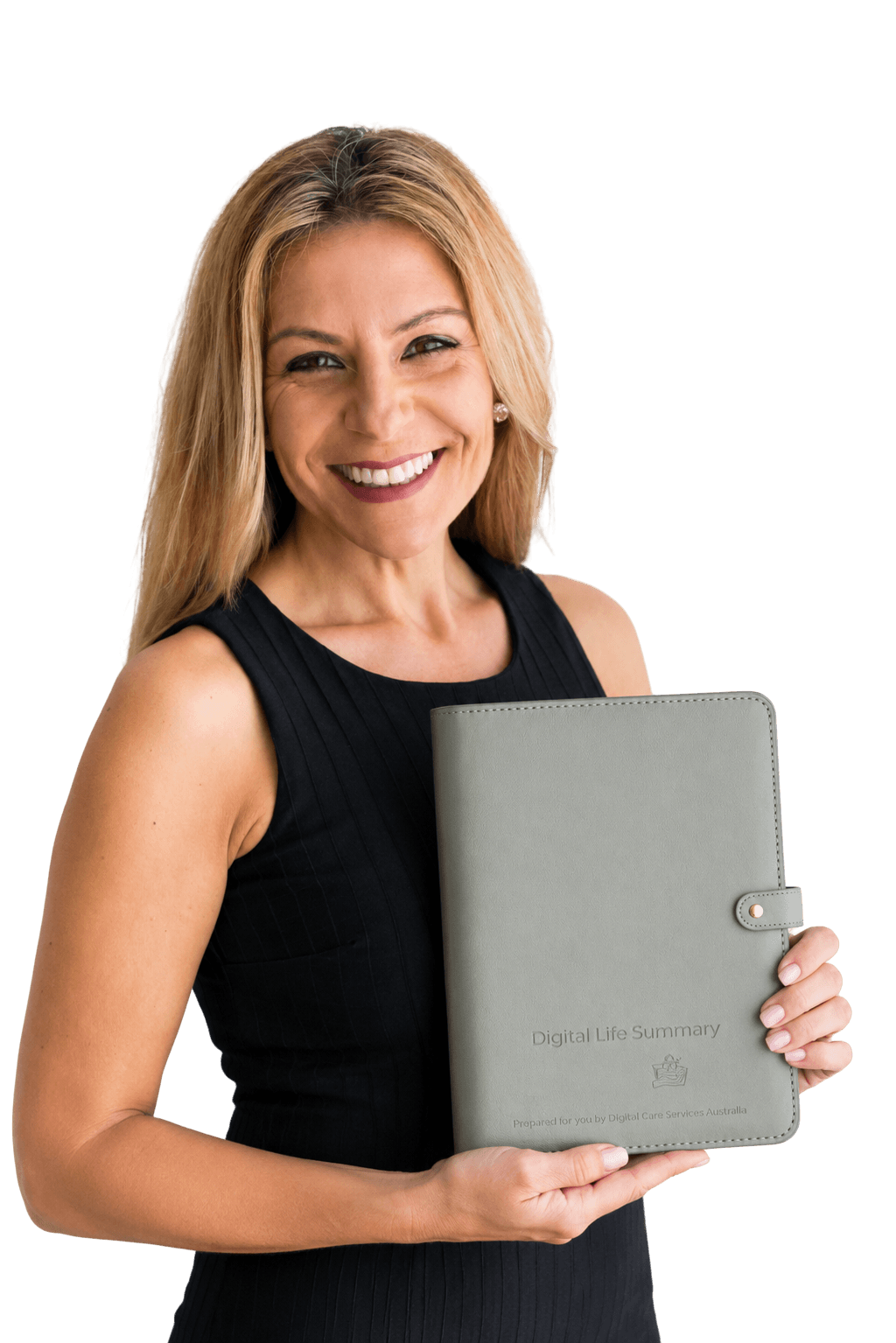 A smiling woman with blonde hair holding a gray folder labeled 'Digital Life Summary' against a black background.