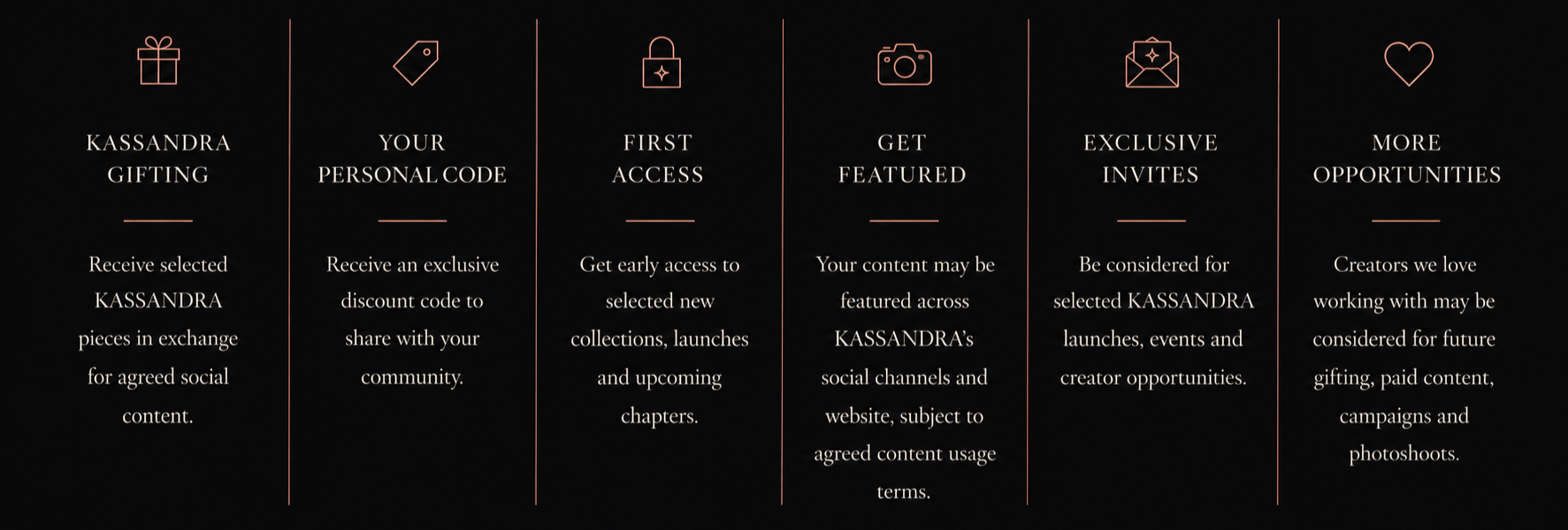 Kassandra Gifting, Your Personal Code, First Access, Get Featured, Exclusive Invites, More Opportunities sections with icons and descriptions on a dark background