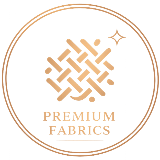 Logo with a beige lattice pattern inside a gold circle, blue background above, red below, and the words "PREMIUM FABRICS" in gold at the bottom.