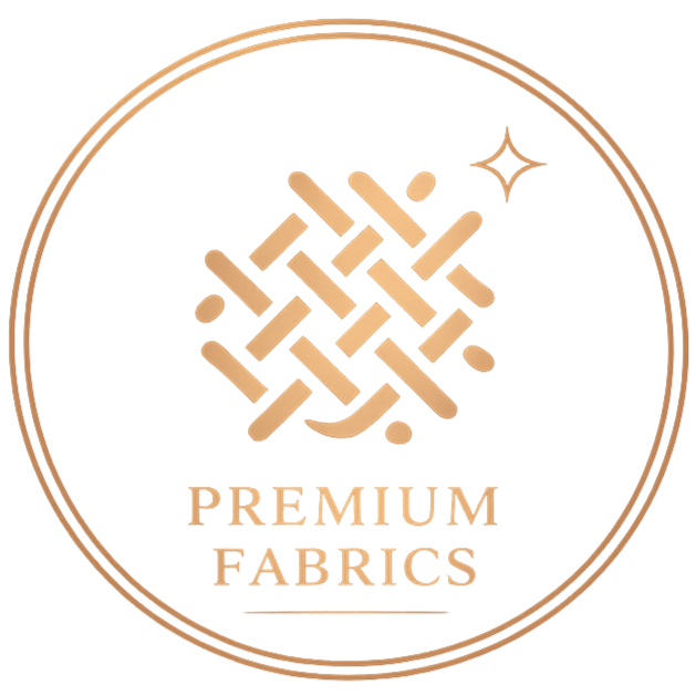 Logo with abstract geometric design and the words "PREMIUM FABRICS" at the bottom.