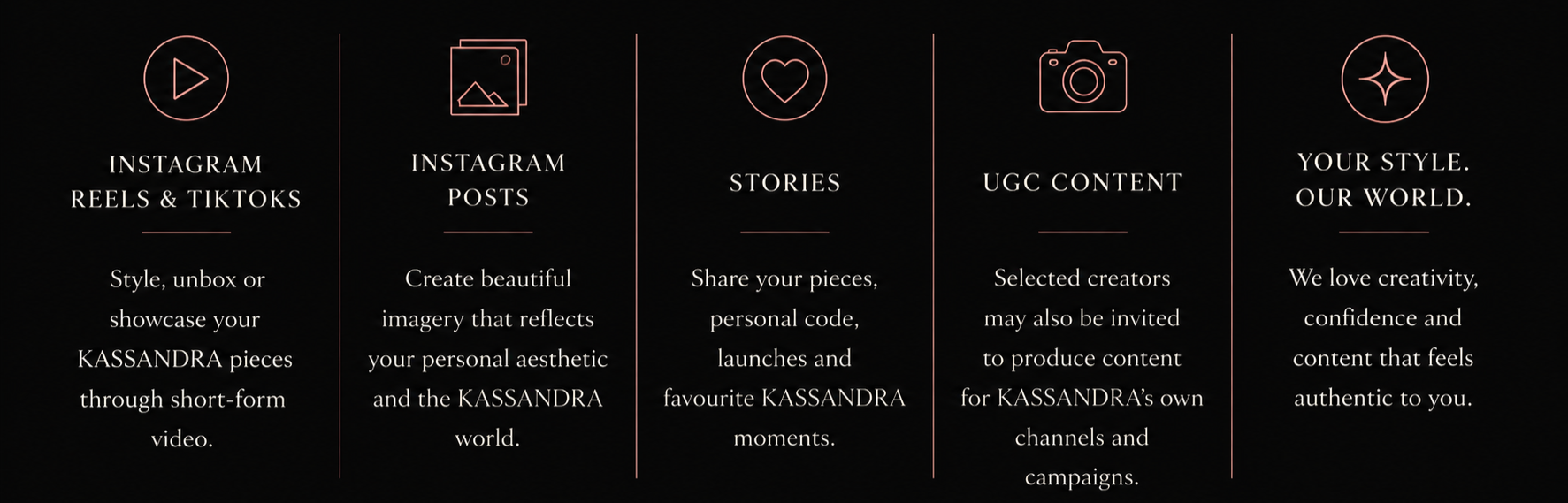 A black background infographic with pink outlines and white text explaining content types for Kassandra: Instagram Reels & TikToks, Instagram Posts, Stories, UGC Content, and Style & Confidence, with icons representing each category.