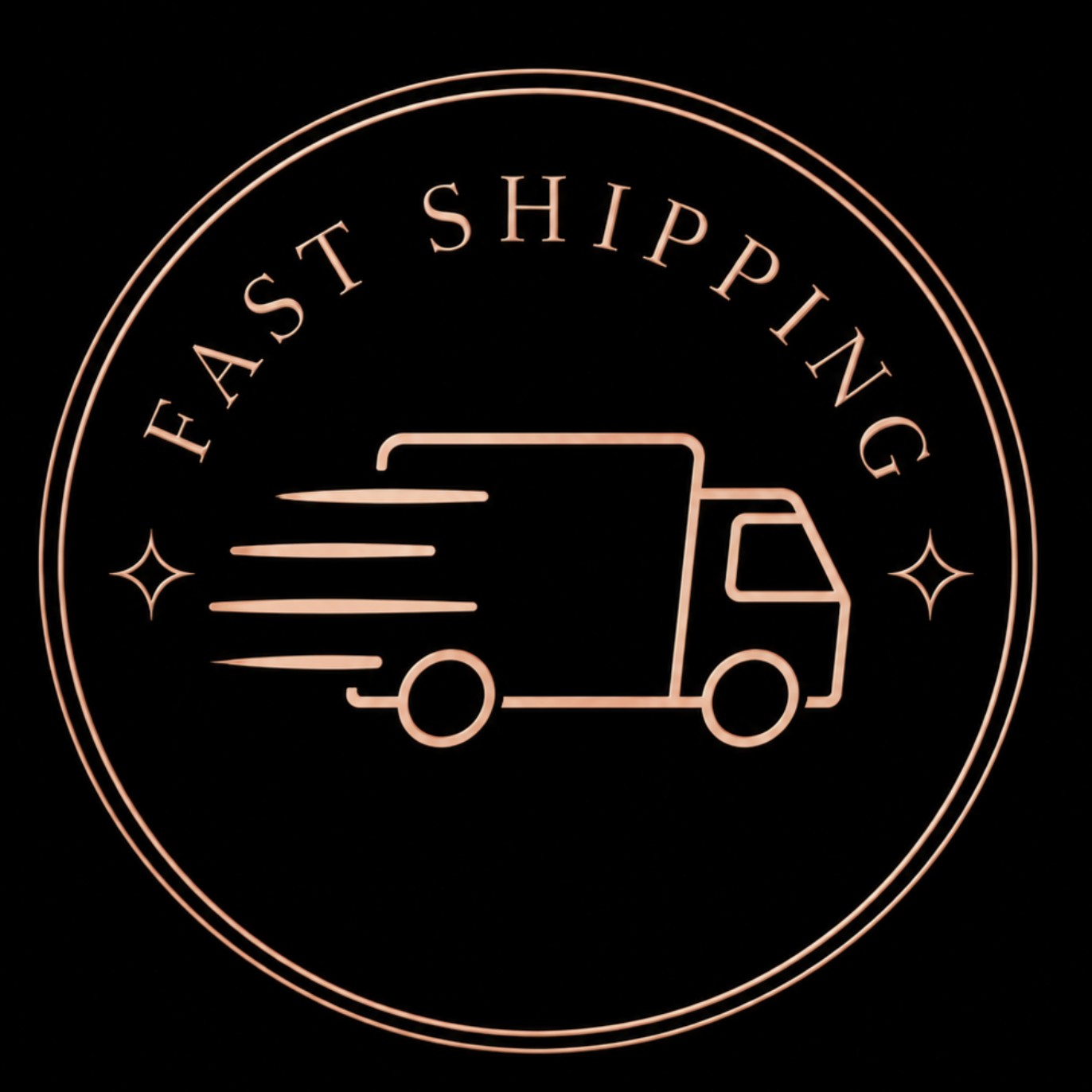 Neon sign with a circular border, depicting a delivery truck with motion lines, and the text 'Fast Shipping' above it, with two small star-like symbols on either side.