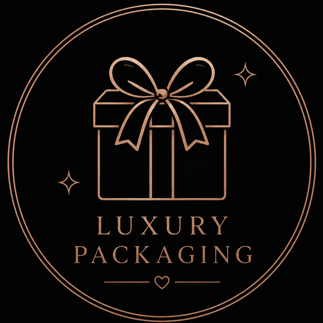 Logo with a gift box adorned with a ribbon and bow, surrounded by a circle and stars, with the words "Luxury Packaging" and a small heart beneath.