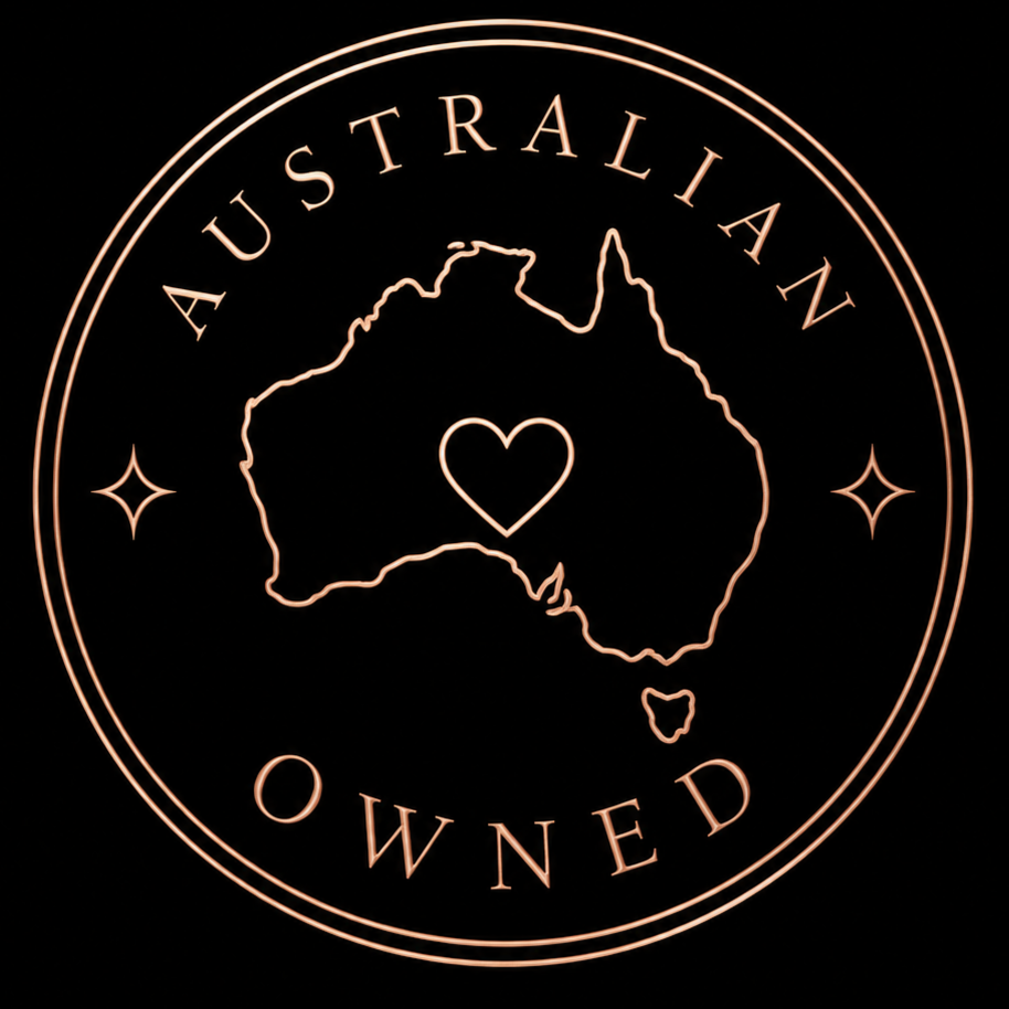 A circular logo with a black background, featuring an outline map of Australia and small islands. Inside the map, there is a heart. The circle contains the text "AUSTRALIAN OWNED".