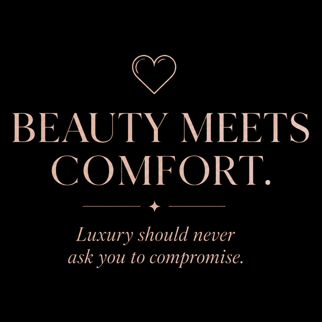 Black background with pinkish-beige text and a heart outline at the top. The text reads, "Beauty meets comfort. Luxury should never ask you to compromise."